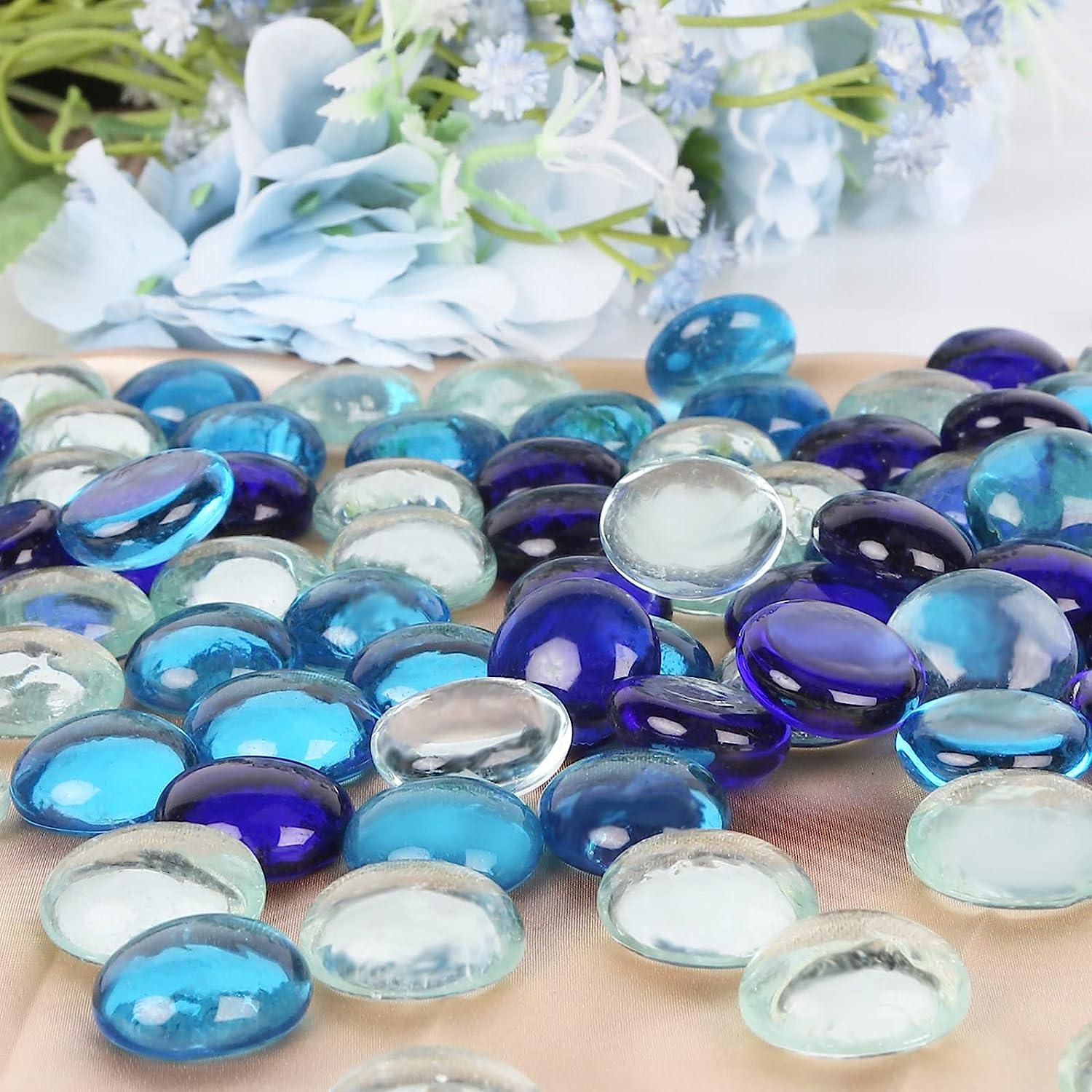 FUTUREPLUSX Flat Glass Marbles 1lb, 100pcs Fill 0.3L Vol. Premium Blue Mixed Color Flat Gems Aquarium Pebbles Vase Filler Beads Table Scatter dcor