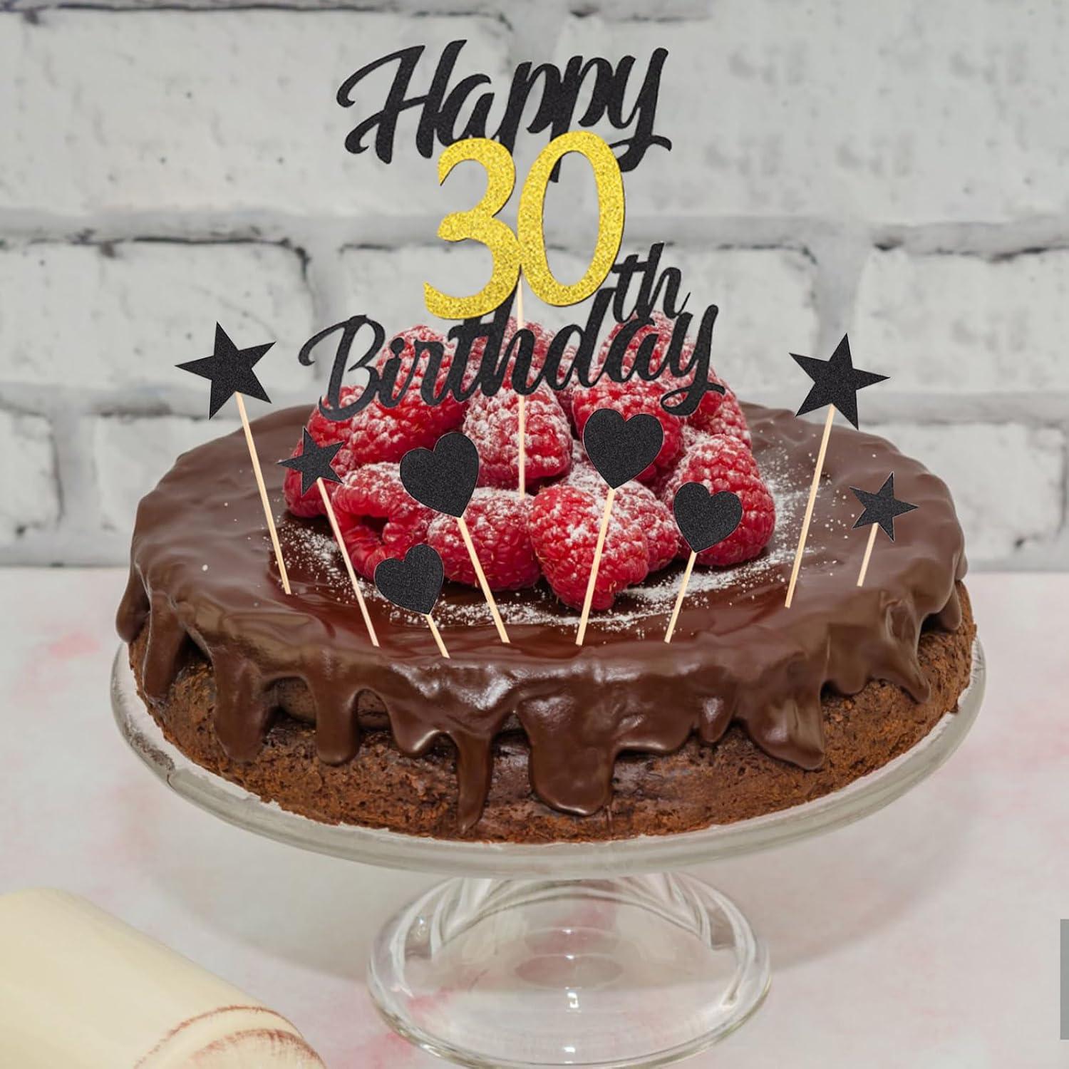 SNOWZAN 30. Geburtstag Kuchen Topper Schwarz Gold - Tortendeko Set Mit Zahlen & Sternen