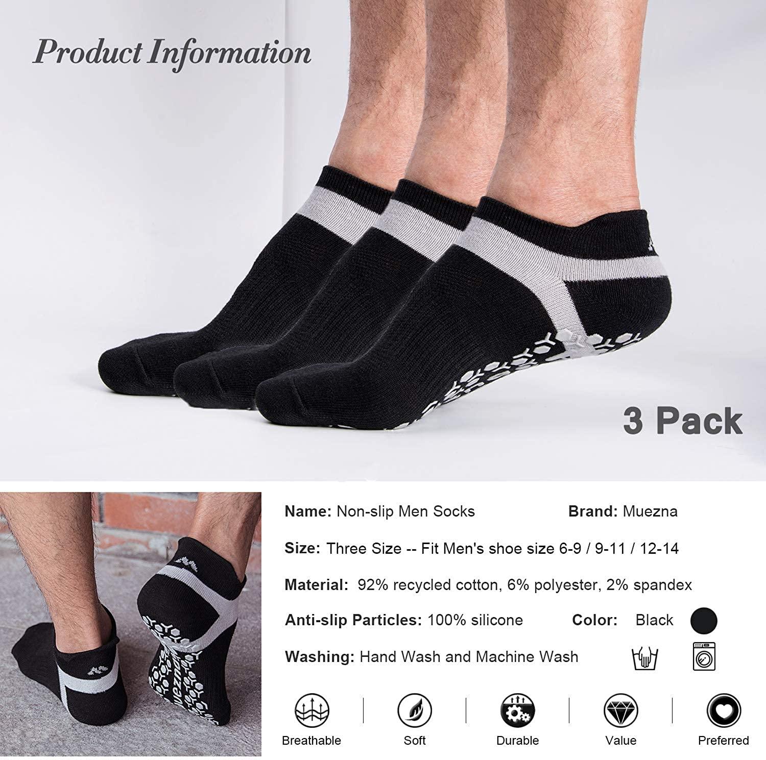 Muezna Men's Non-Slip Yoga Socks, Anti-Skid Pilates, Barre, Bikram Fitness  Hospital Slipper Socks with Grips 9-11 Black - 3 Pairs