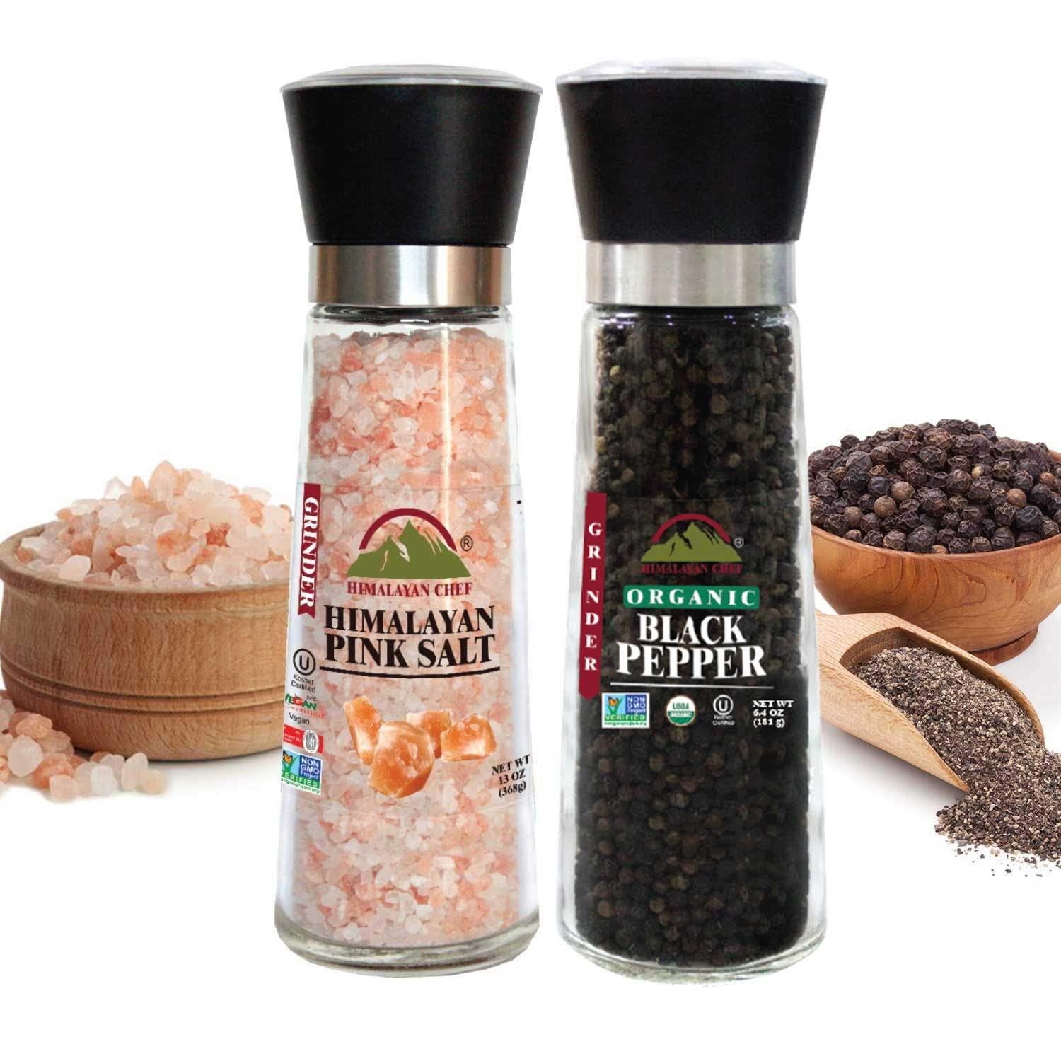 Himalayan Chef Salt & Pepper Grinders, Small Refillable Glass Jar