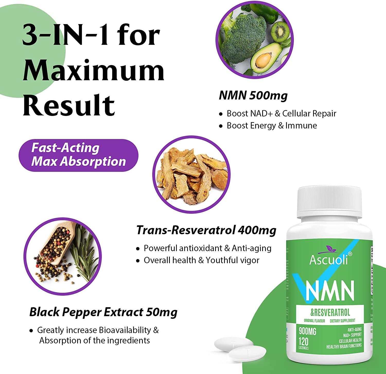 Sublingual NMN 500mg + TransResveratrol 99 Purity Supplement 3in1