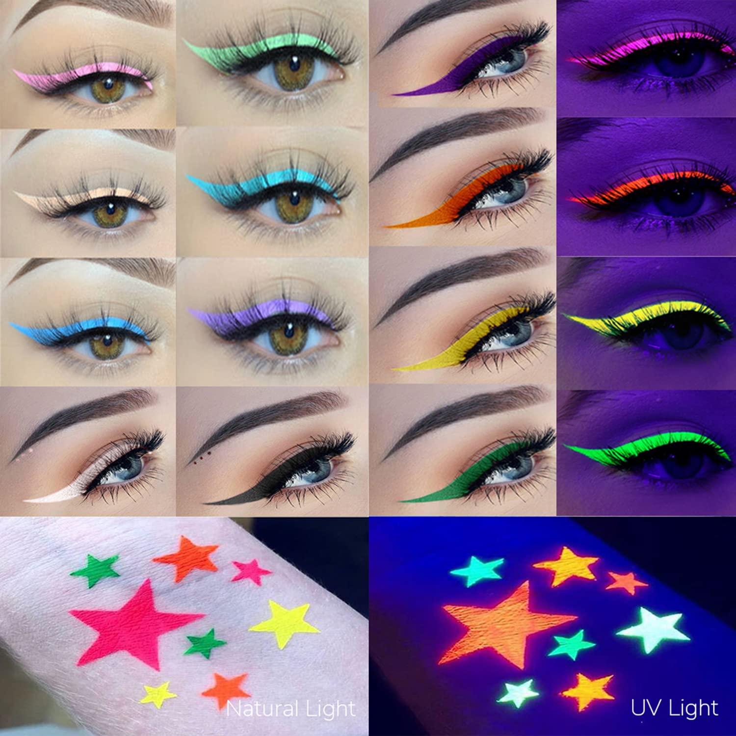 Water Activated Split Cake Eyeliner, UV Blacklight Glow Fluorescent Paint,  Onmay 14 Bright Color Retro Graphic Hydra Eye Liner, Body Face Paint