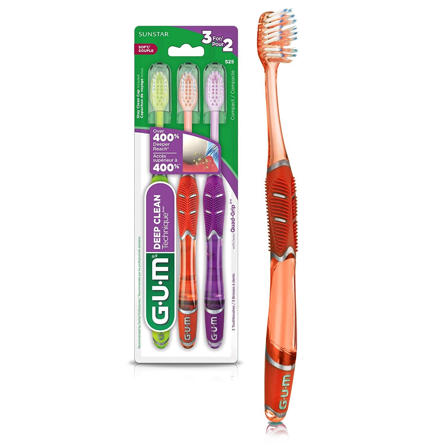GUM 525E Technique Deep Clean Toothbrush with QuadGrip Handle, Compact Head & Soft Bristles