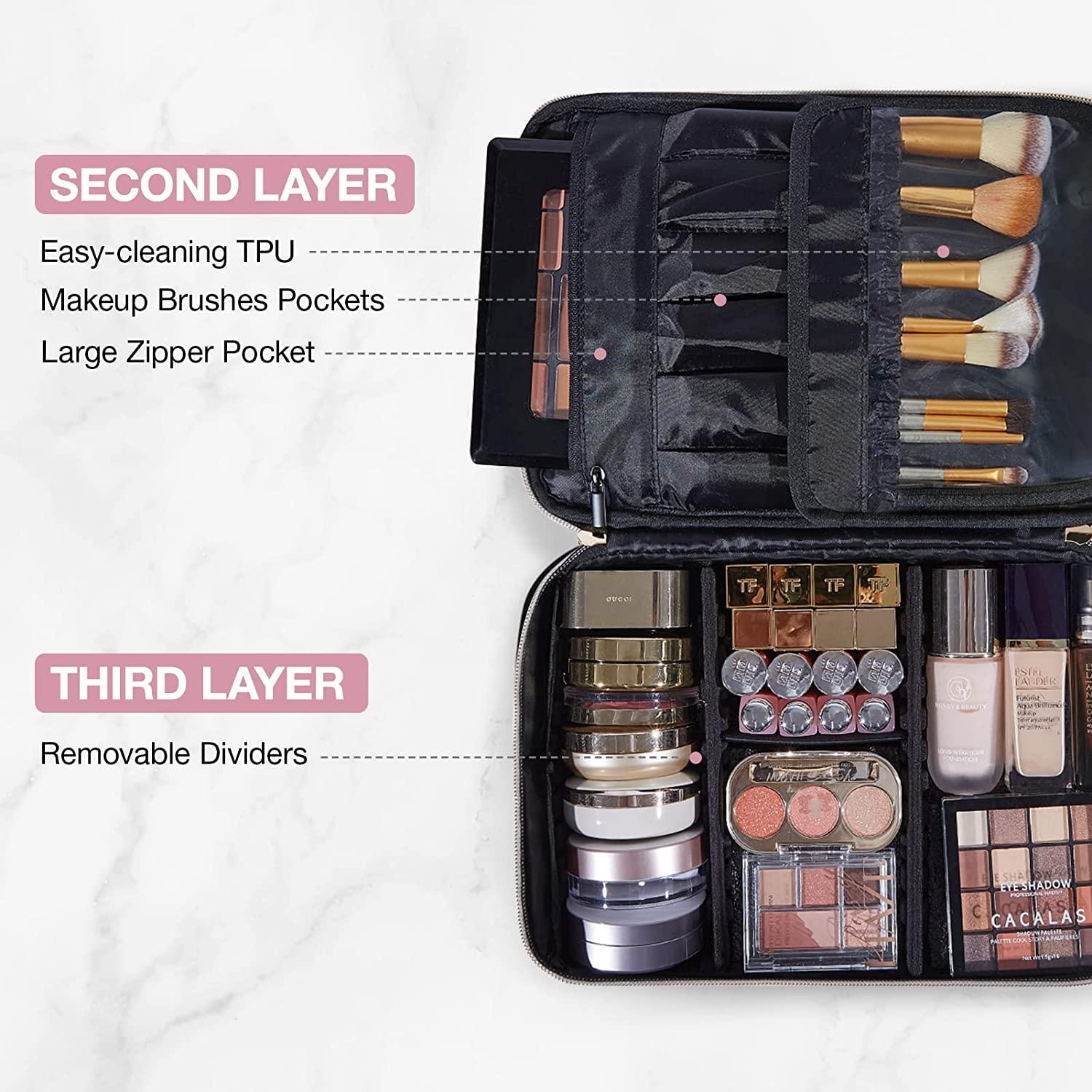 Large Makeup Case, LIGHT FLIGHT Travel Makeup Bag Cosmetic Case Organizer Portable Storage Bag with Adjustable Dividers for Cosmetics Makeup Brushes Toiletry Digital (Large, Black) Large Black-H