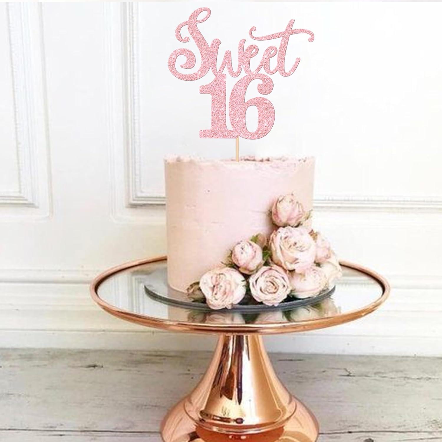 Sweet 16 Cake Topper Glitterato: Decorazione Torta Compleanno Per Adolescenti, Cartone Spesso Glitter Oro, 15.5x21 Cm, Con Bastoncino