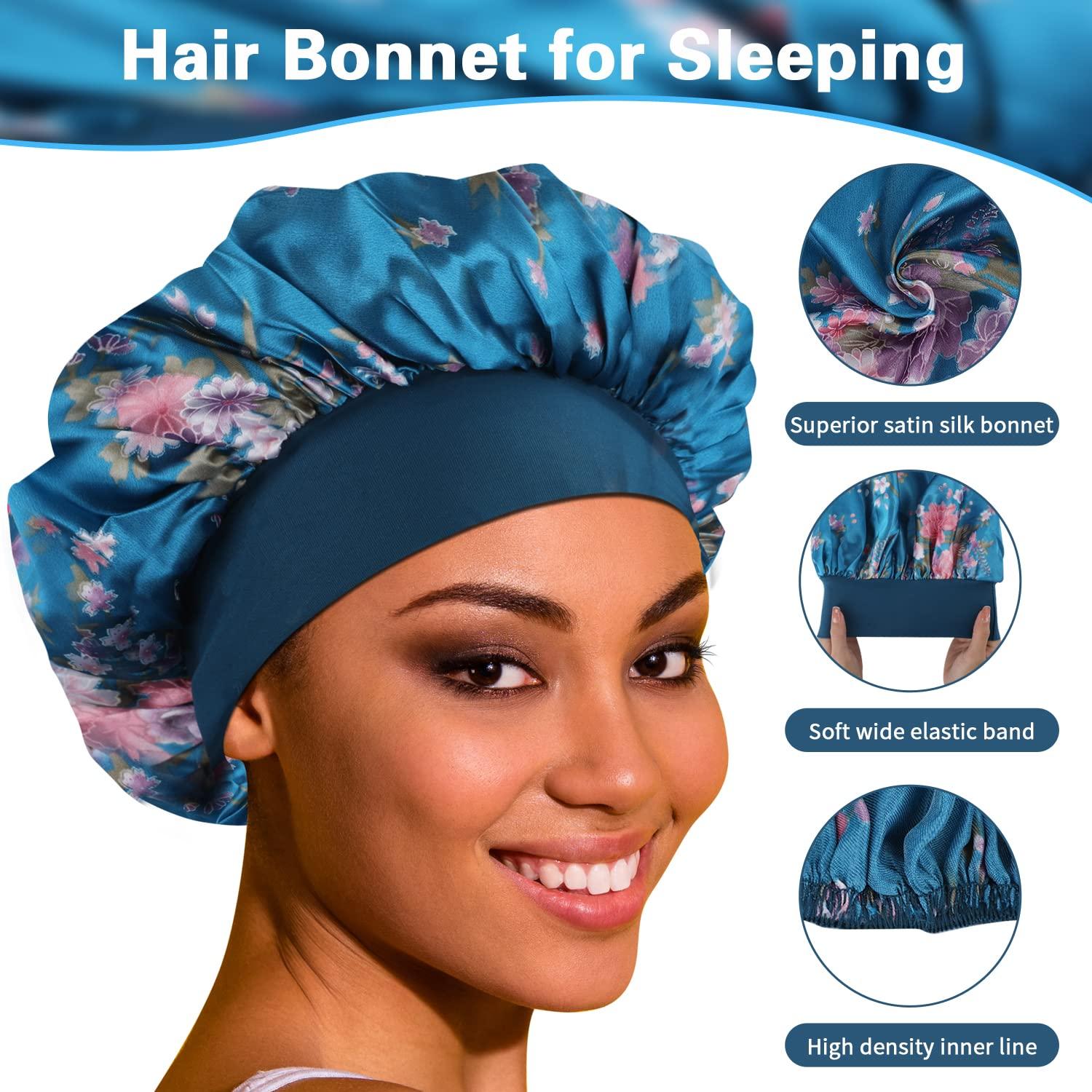 Satin Bonnet Hair Bonnet for Sleeping- 4 Pack Large Silk Bonnets for Black  Women with Elastic Soft Band for Hair Care