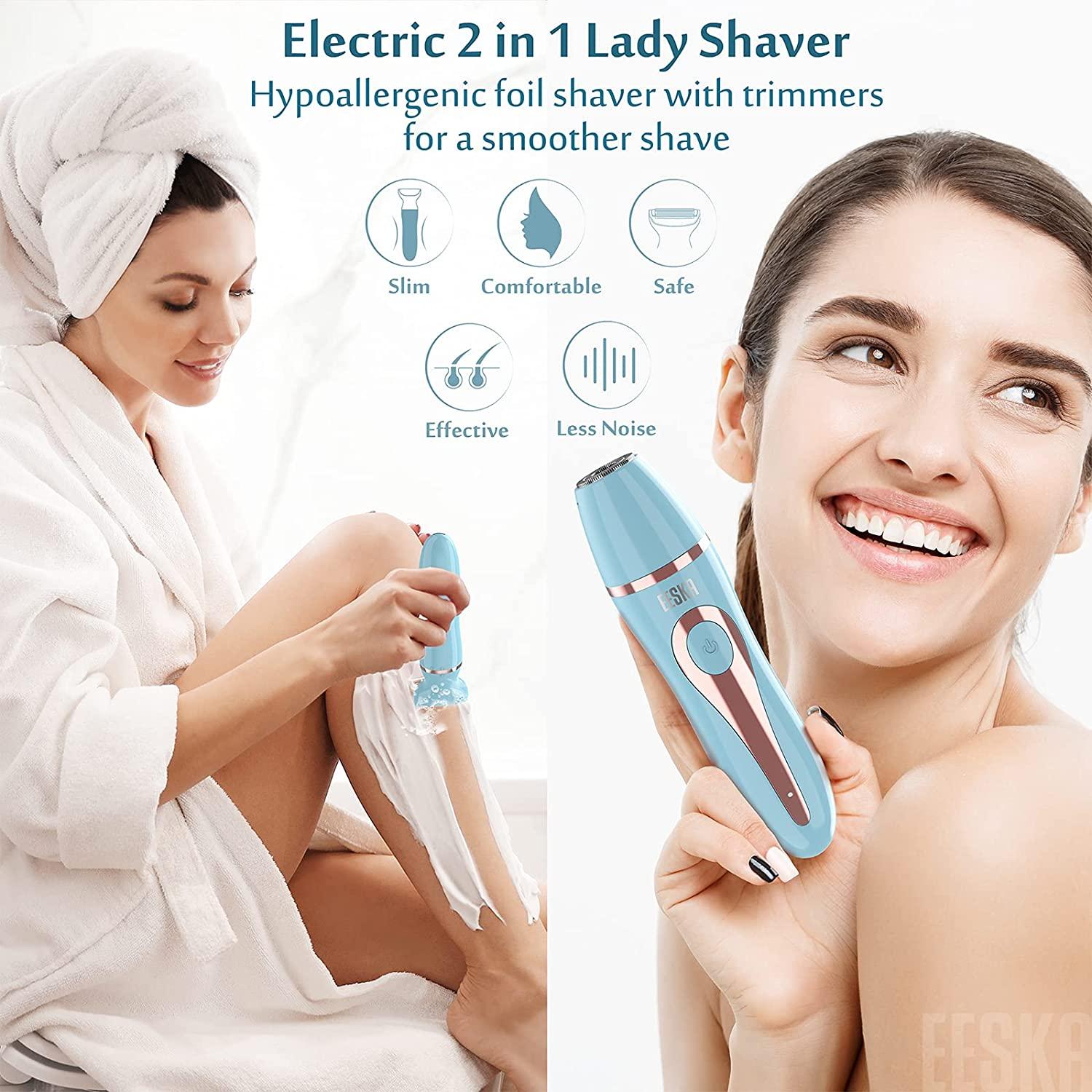  EESKA Electric Shaver for Women, 2-in-1 Rechargeable Bikini  Trimmer Ladies Electric Razor for Legs Underarm and Public Hair, Painless  Hair Remover Groomer Kit, IPX7 Waterproof Wet and Dry Use (White) 
