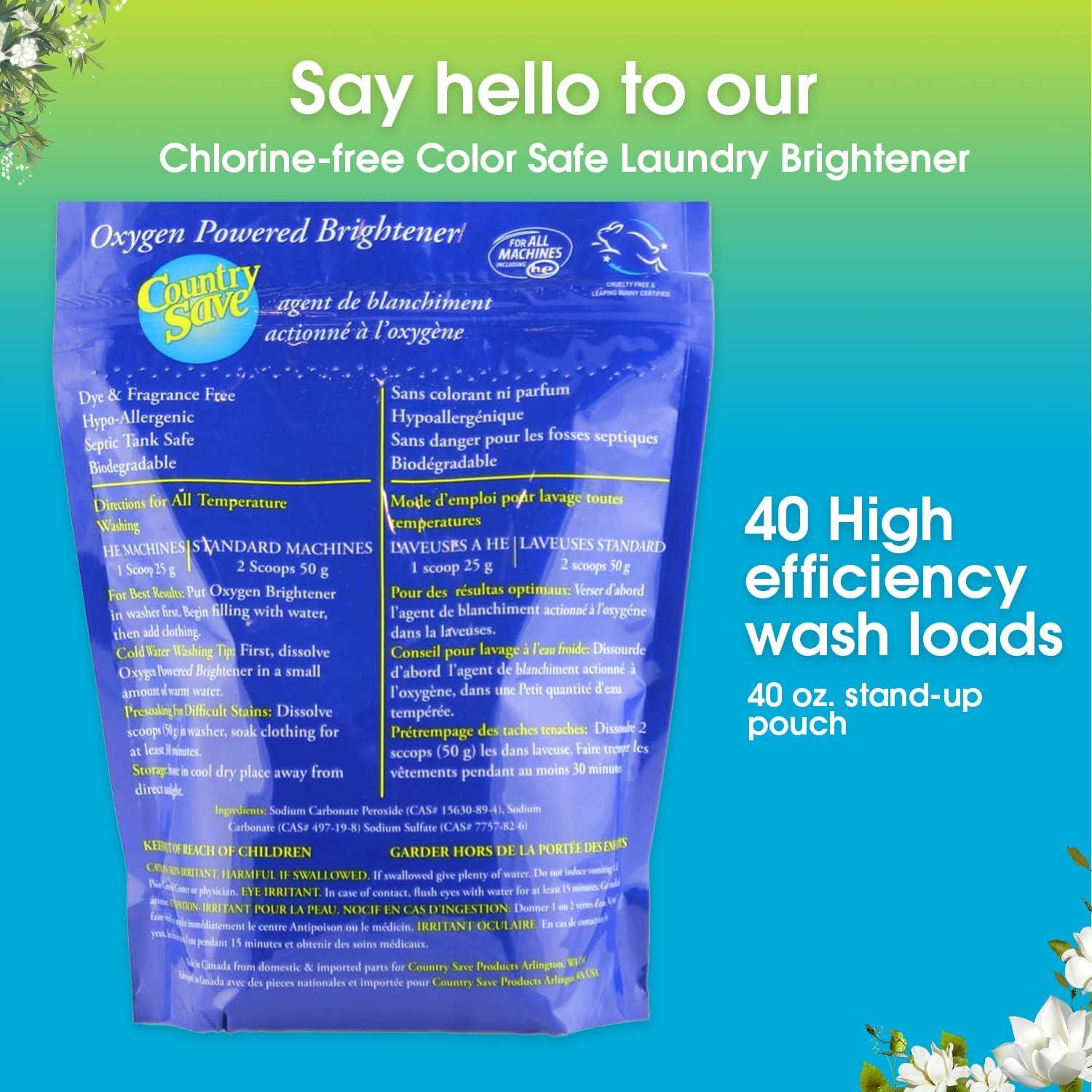 Country Save Oxygen Powered Brightener - Color Safe Bleach Laundry Whitener  - Hypo-Allergenic Powder Bleach Cleaner for Whites and Colored Garments -  Resealable Pack, 40 wash loads