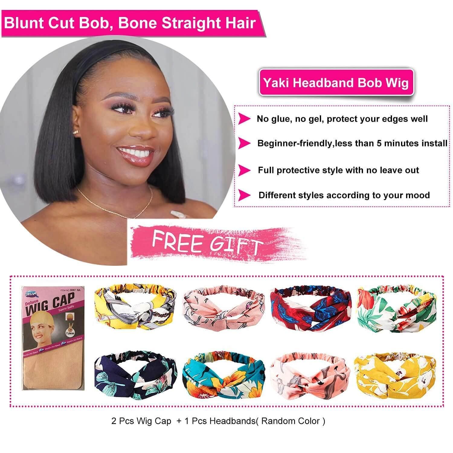 WEDAO Headband Wig Bob Synthetic for Black Women Short 12 Inch - Glueless  Head Wigs Kinky Straight Yaki Hair with Elastic Band Attached Clearance -  Natural Looking Black Headwrap Half Wig 180