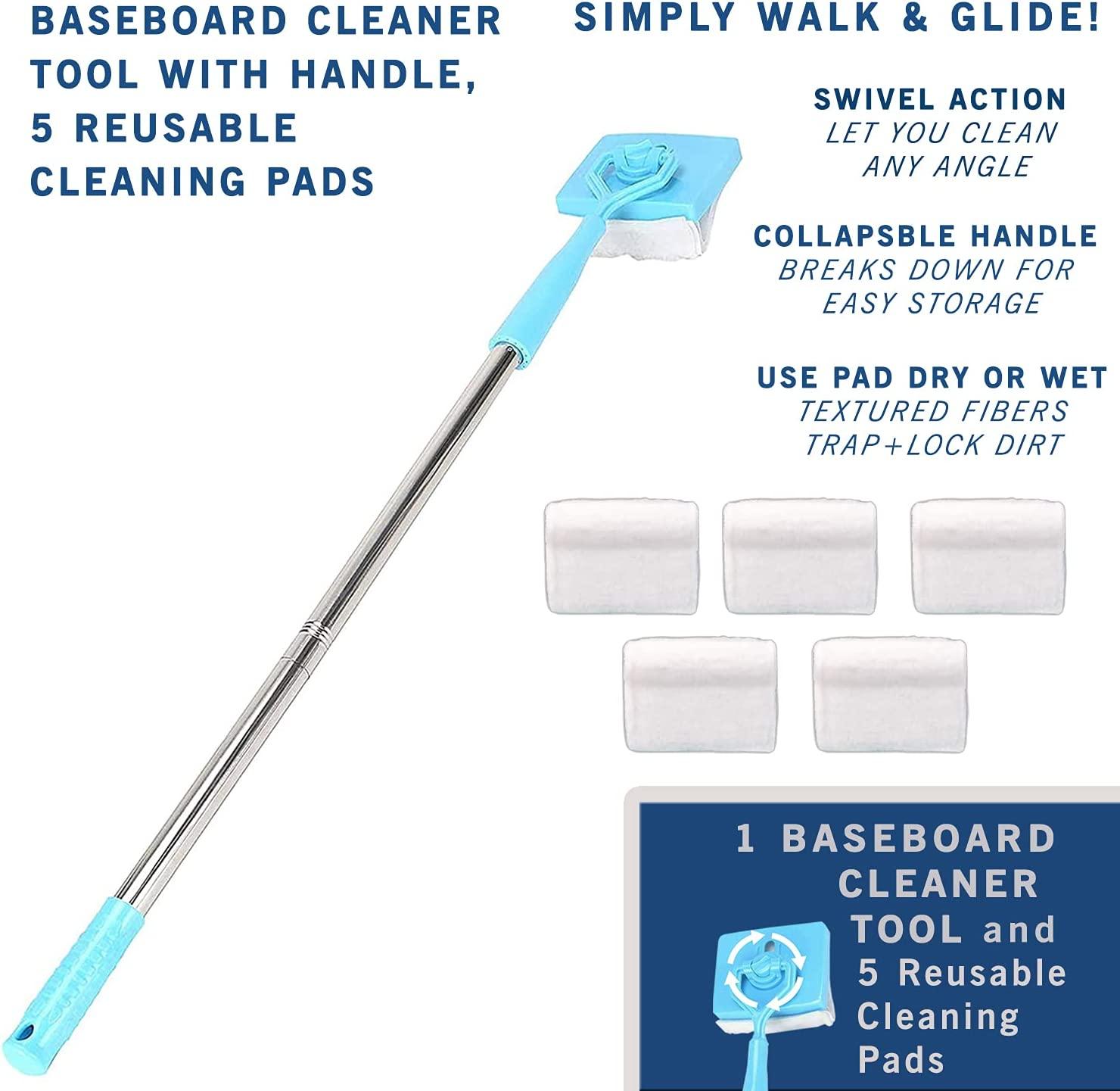  Baseboard Cleaner Tool with Handle 5 Reusable Cleaning Pads by  No-Bending Mop Baseboard Cleaner Tool Long Handle Adjustable Baseboard  Molding Tool for Bathroom Microfiber Cleaning : Health & Household