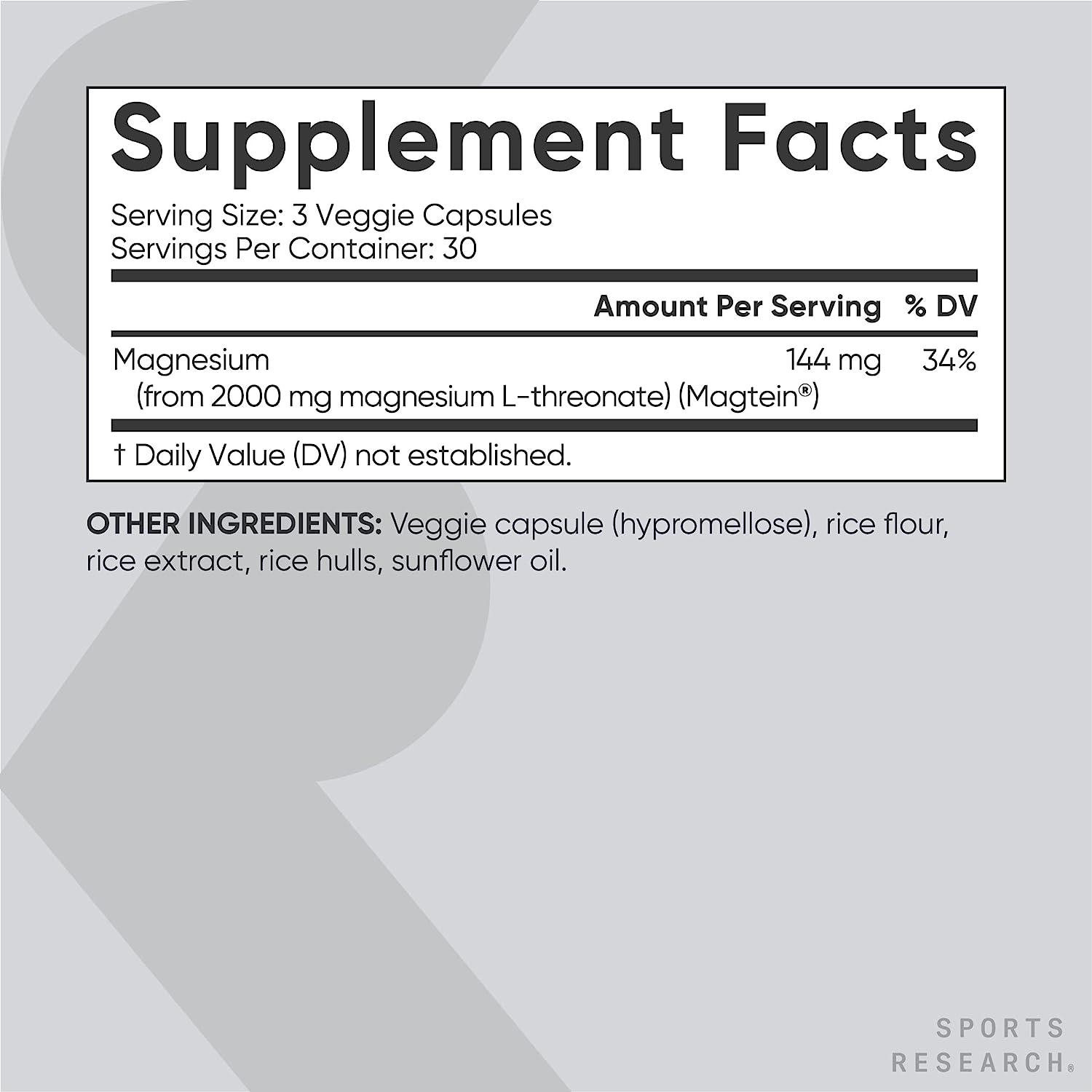 Sports Research Magtein Magnesium LThreonate Capsules 2000mg, 90