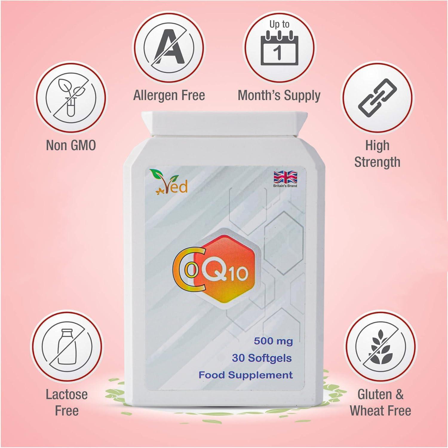 Ved CoQ10 500mg | Co Enzyme Q10 | Highest Strength | Naturally Fermented Ubiquinone Coenzyme | Superior Natural Formula | 500mg 120 Softgels| 4 Months Supply