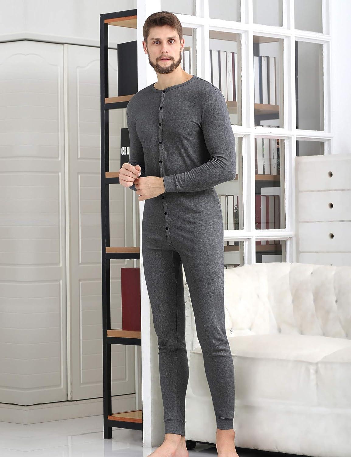 COLORFULLEAF Men's Cotton Thermal Underwear Union Suits Henley Onesies Base  Layer Dark Grey Large