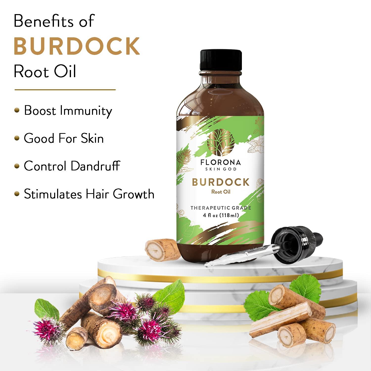 Florona Burdock Root Oil 100% Pure & Natural - 4 fl oz, for Hair, Face &  Skin Care