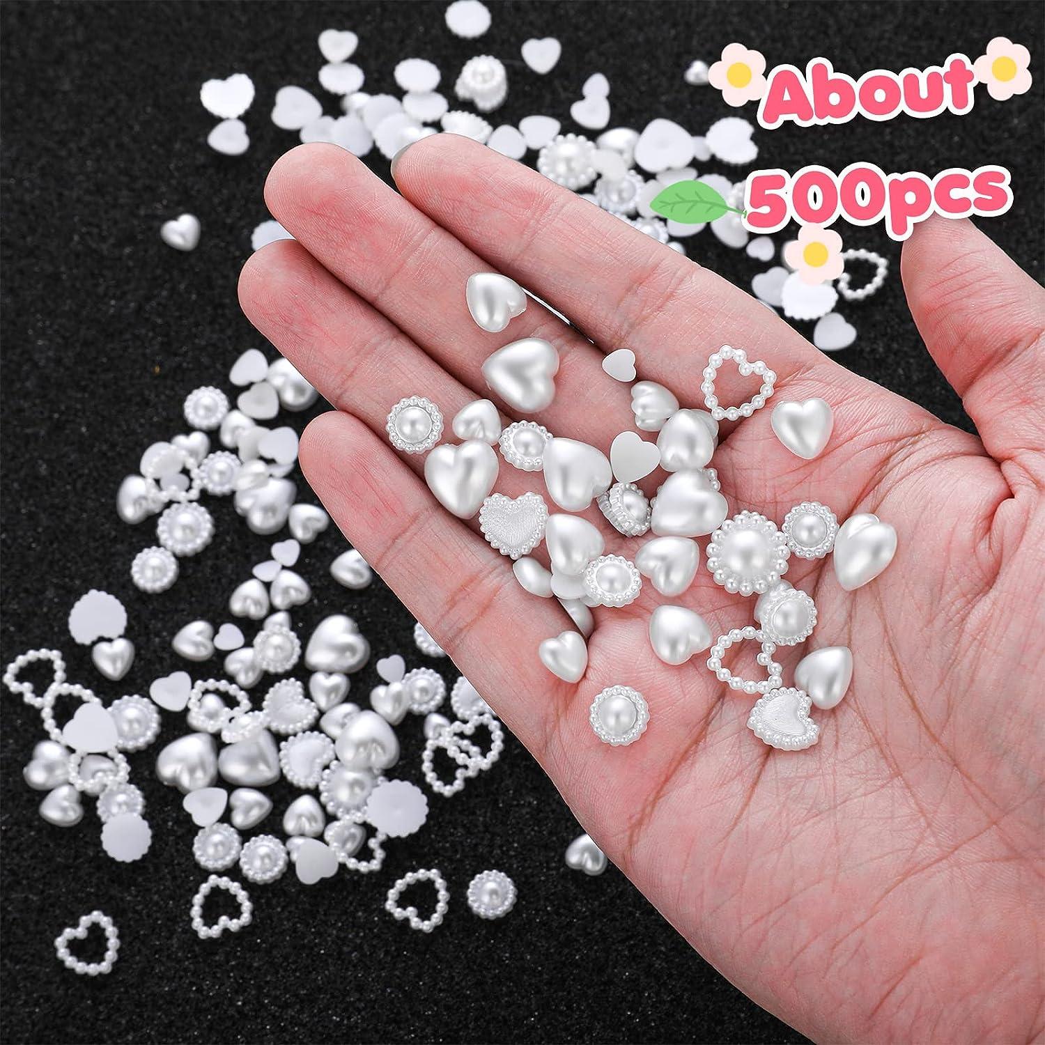 500PCS Pearls Heart Nail Charms Flatback Heart Mixed Shape Acrylic