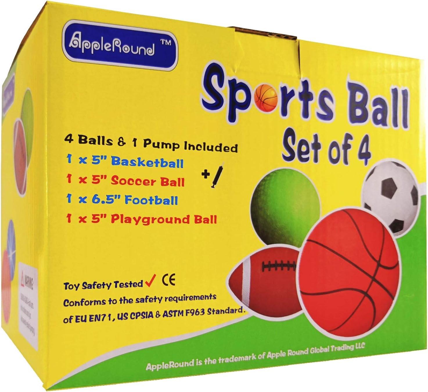 AppleRound Pack of 4 Sports Balls with 1 Pump: 1 Each of 5 Soccer