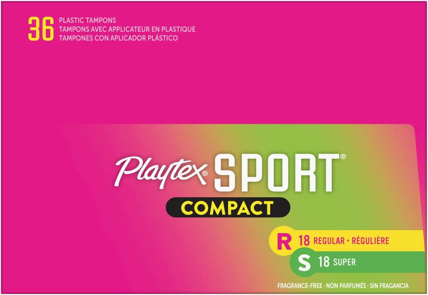 Playtex Sport Compact Tampons, Multipack Regular and Super Absorbency, 36  Count (Pack of 1)