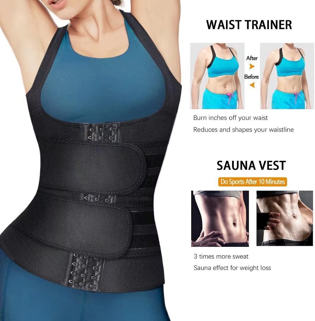 HOPLYNN Neoprene Sauna Sweat Waist Trainer Corset Trimmer Vest for Women  Tummy Control, Waist Cincher Body Shaper Black Double Belt Medium