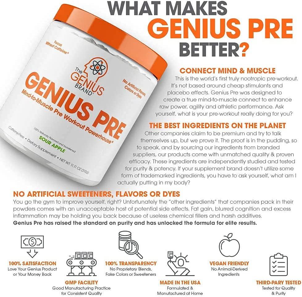Genius Pre Workout Powder Sour Apple Flavor 20 Servings Boost