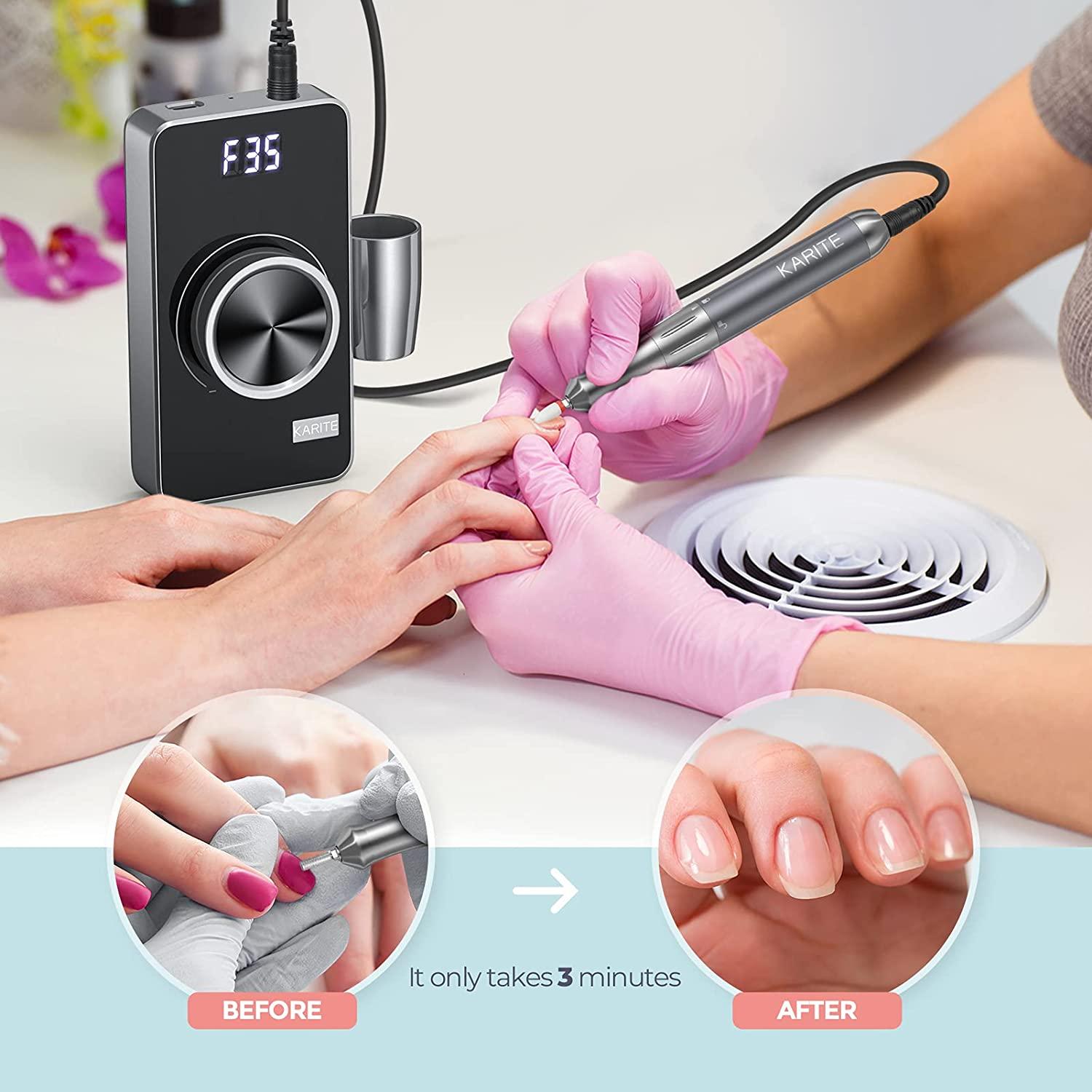 Karite Professional Nail Drill Machine for Acrylic Nails, 35000 RPM  Electric Nail File with 13 Bits, 30 Sanding Bands USB Rechargeable,  Portable Electronic Nail Filer for Home Salon Manicure Tools Gray