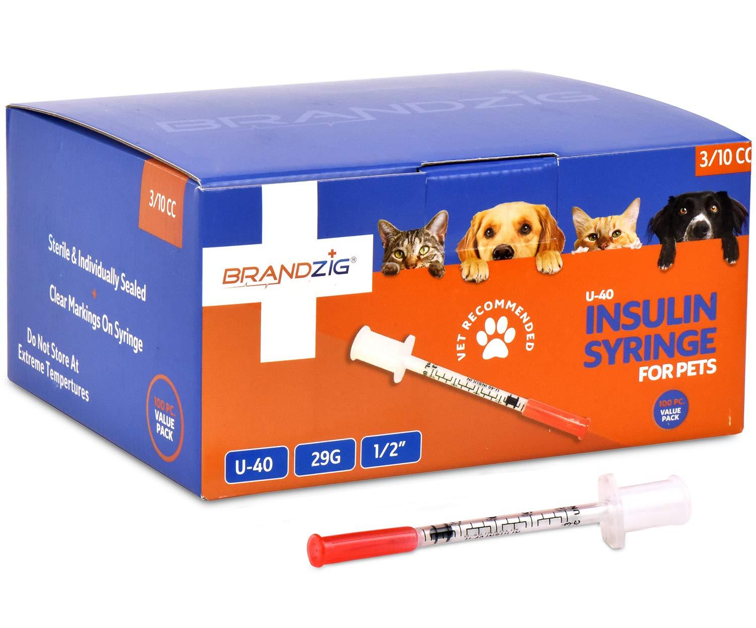 Brandzig U40 Pet Insulin Syringes 29G 3/10cc, 1/2" 100Pack