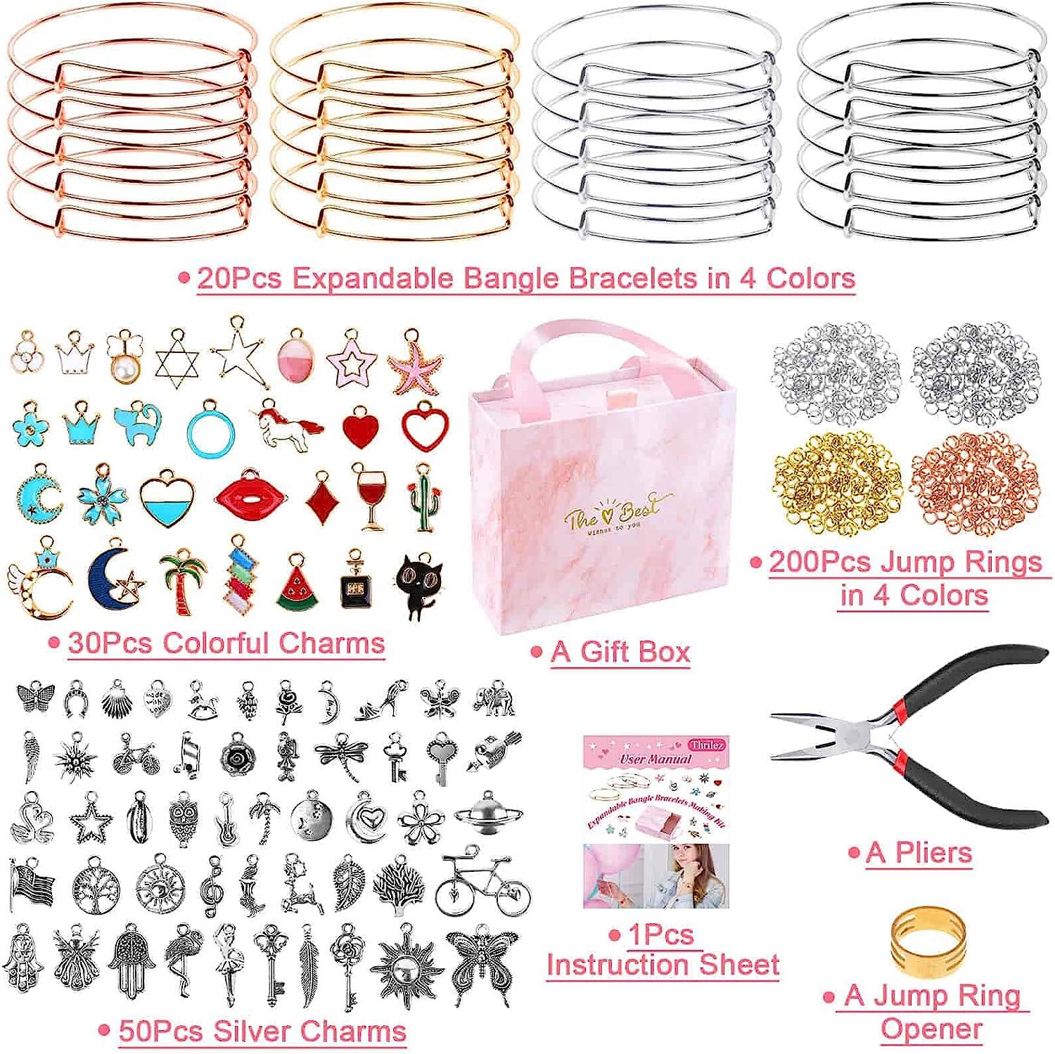 300Pcs Bangle Bracelets Making Kit, Thrilez Charm Bracelet Making Kit with  Expandable Bangles, Charms, Jump Rings and Pliers for Jewelry Making Bangle