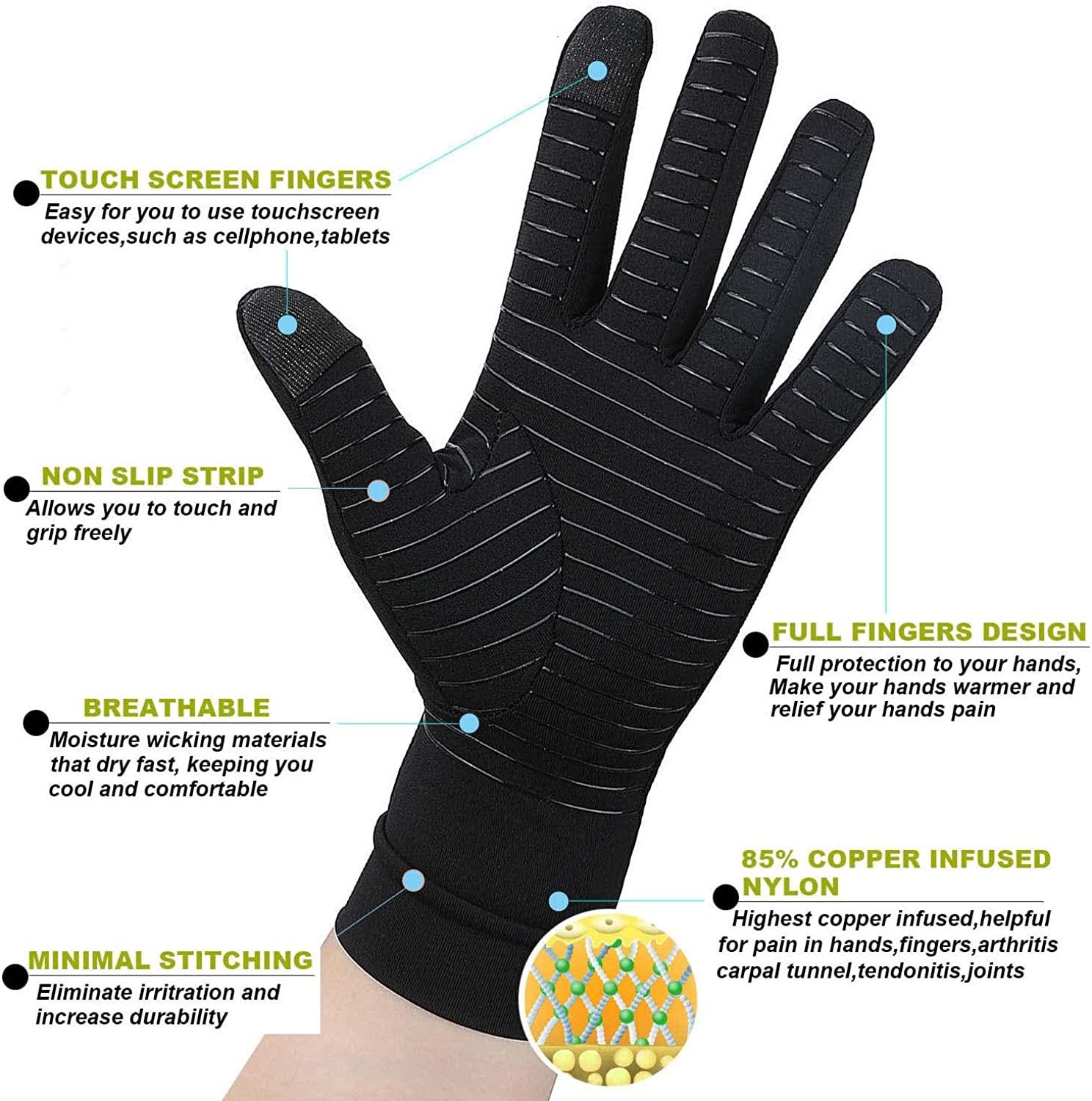 2Pairs Full Finger Compression Gloves for Women Men Copper Arthritis