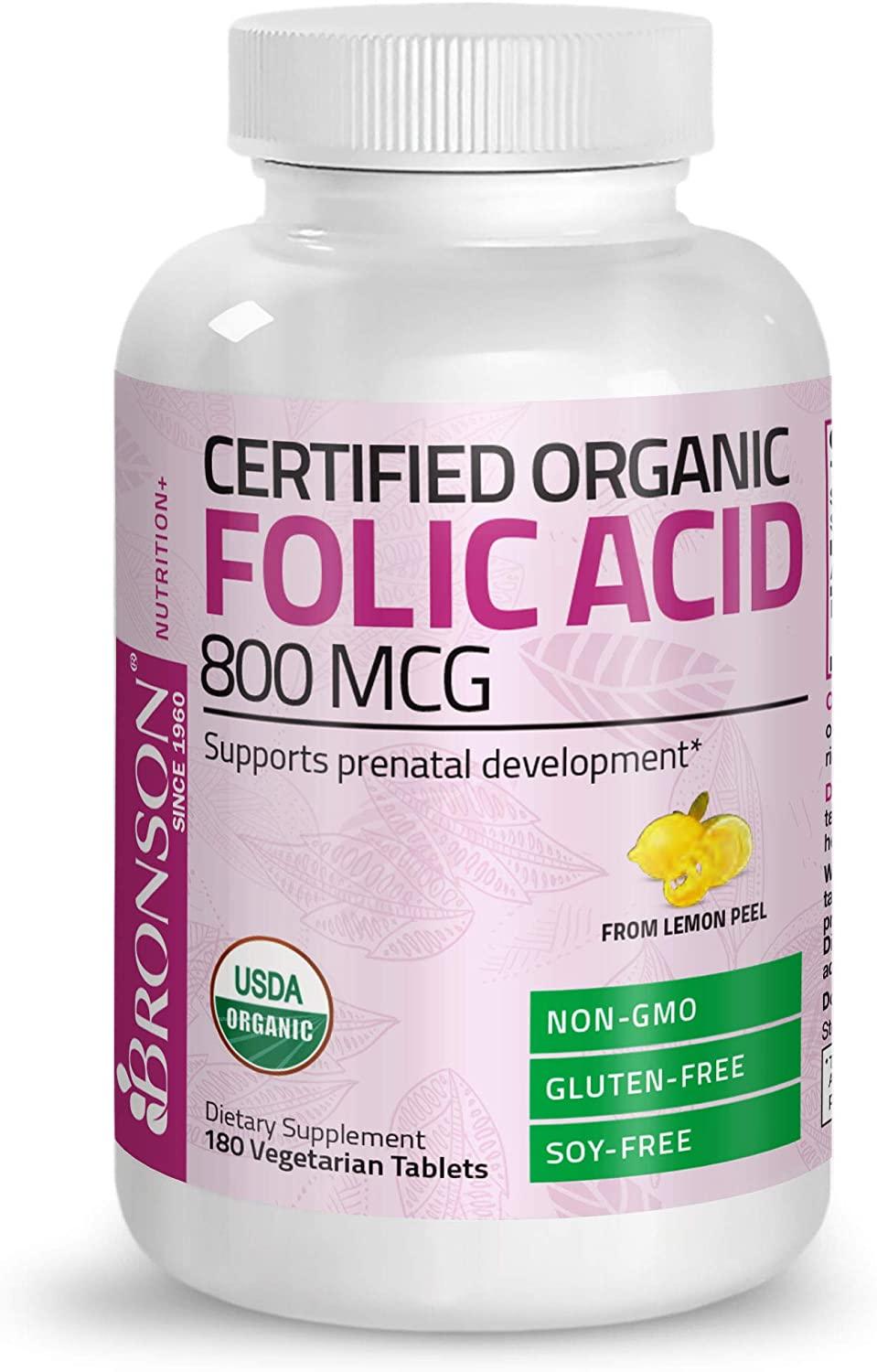 Bronson Organic Folic Acid (Vitamin B9 Folate) 800 mcg Natural Folate from Lemon Peel, 180 Tablets