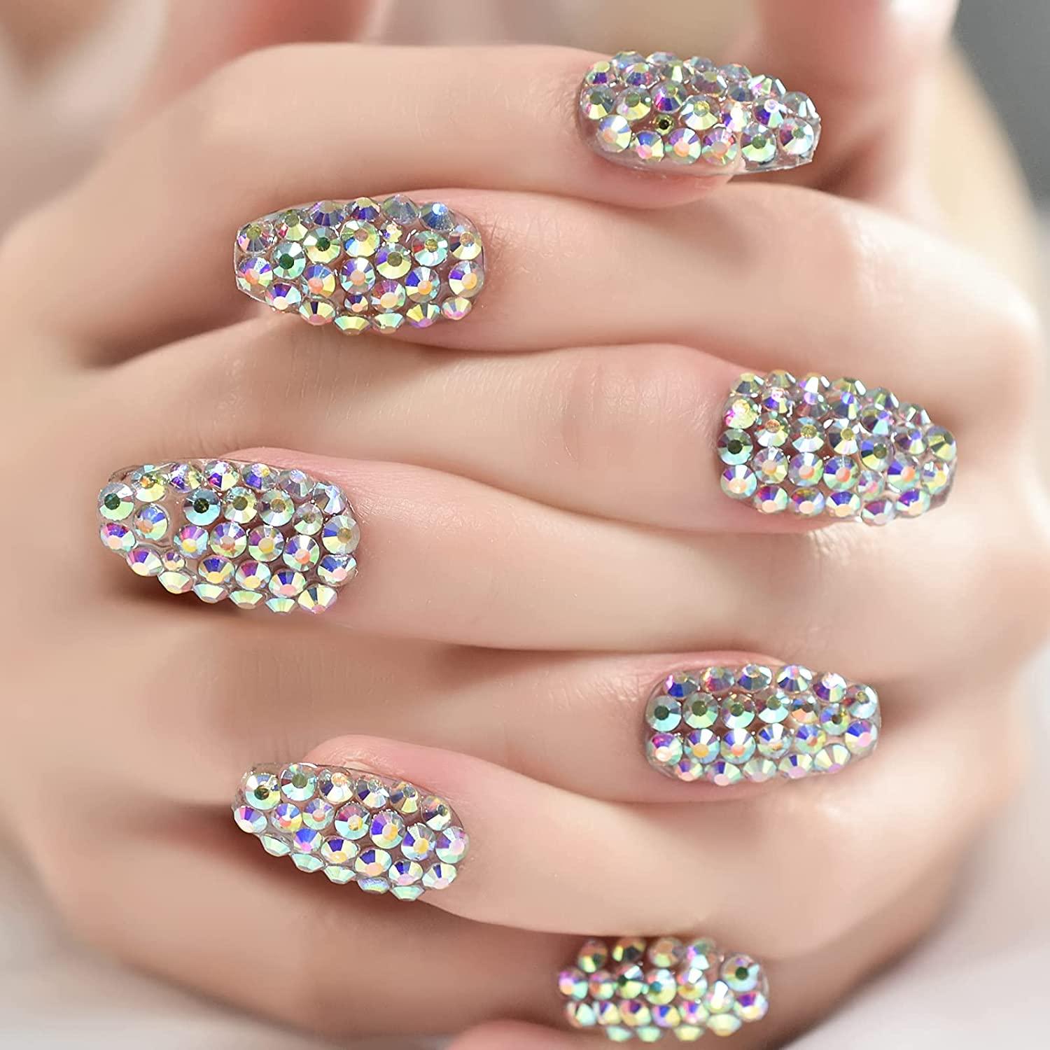 Rhinestone Gem Diamond Medium Square False Nails Shiny Bright Bling