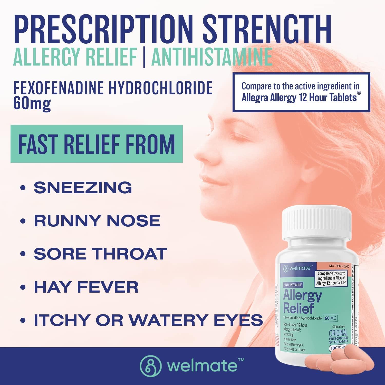 Welmate Allergy Relief Tablets Fexofenadine HCl 60mg NonDrowsy Antihistamine 100 Count 12