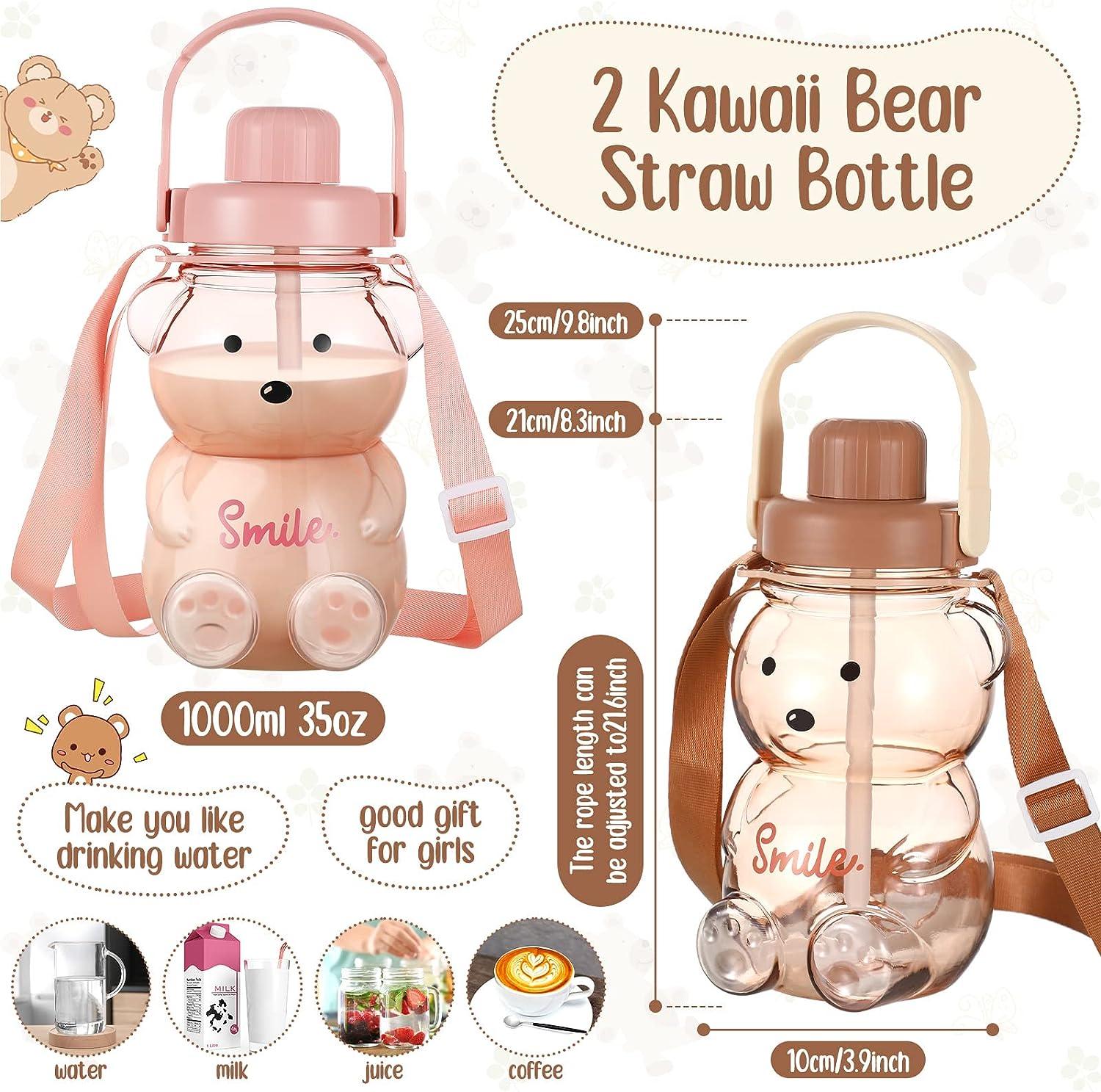 Kawaii Bear Straw Water Bottle With Shoulder Strap, Leak-proof