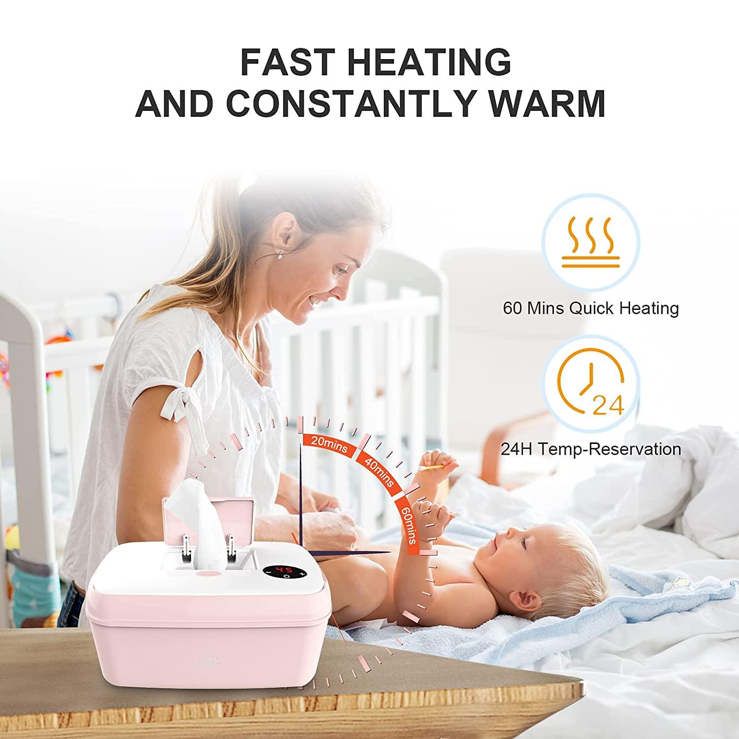 Baby Wipe Warmer Pink Portable Wipe Dispenser with Top Heating System, LED Display for