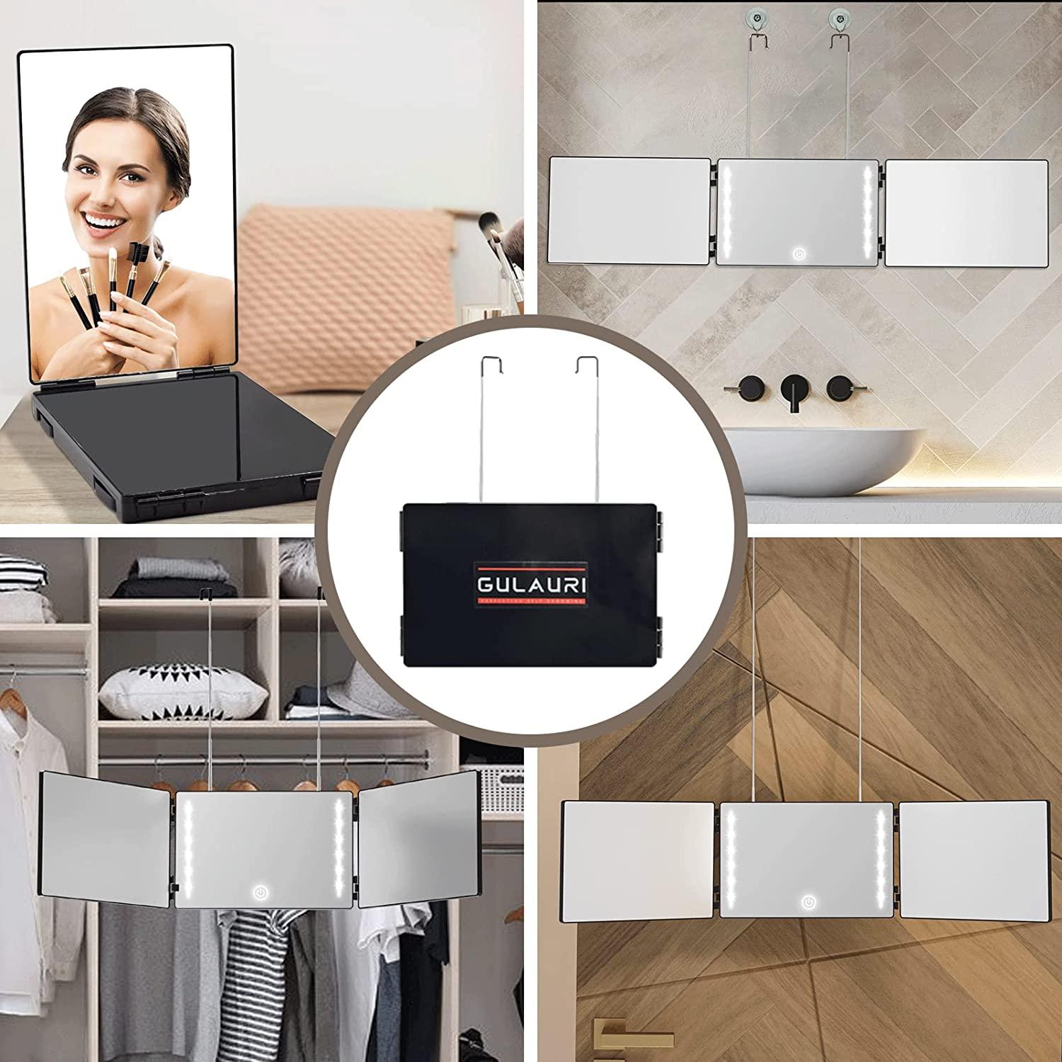 GULAURI 3Way LED Lighted Barber Mirror Trifold & Portable HandsFree