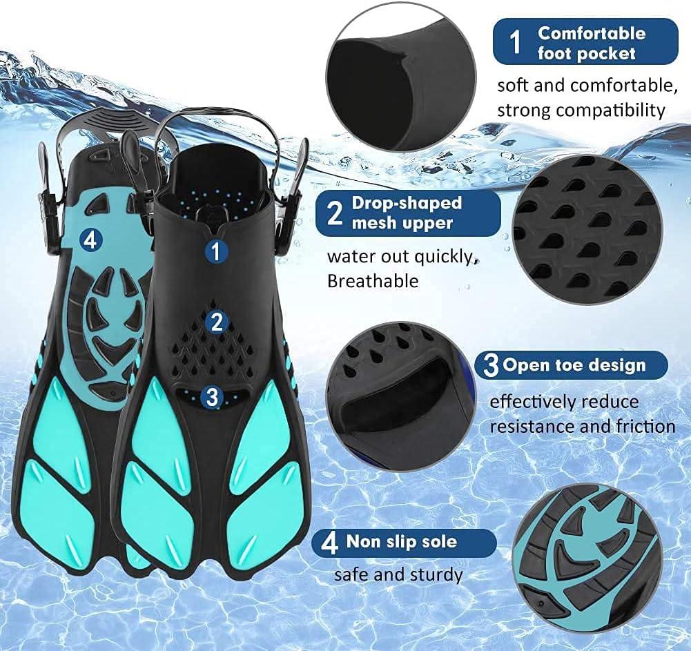 Createy Mask Fin Snorkel Set with Adult Snorkeling Gear, Panoramic View  Diving Mask, Trek Fin, Dry Top Snorkel +Travel Bags, Snorkel for Lap  Swimming Green S/M(Adult US Size 4.5-8.5)