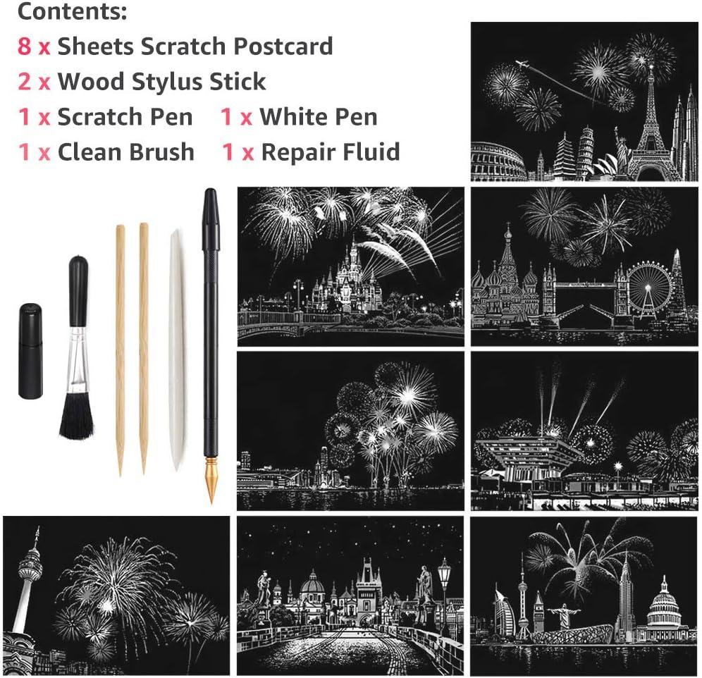 Scratch Art for Kids & Adults, Rainbow Painting Night View  Scratchboard(A4), Crafts Set: 8 Sheets Scratch Cards with 6 tools in Bag 
