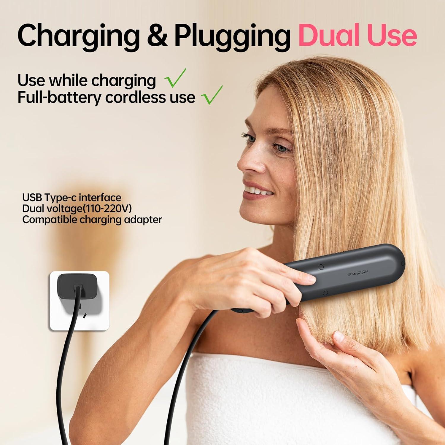 Cordless Hair Straightener For Women, Go Brush Pro Rechargeable Electric Hot Straightener Comb Portable Mini Heated Hair Straightening Travel Black L