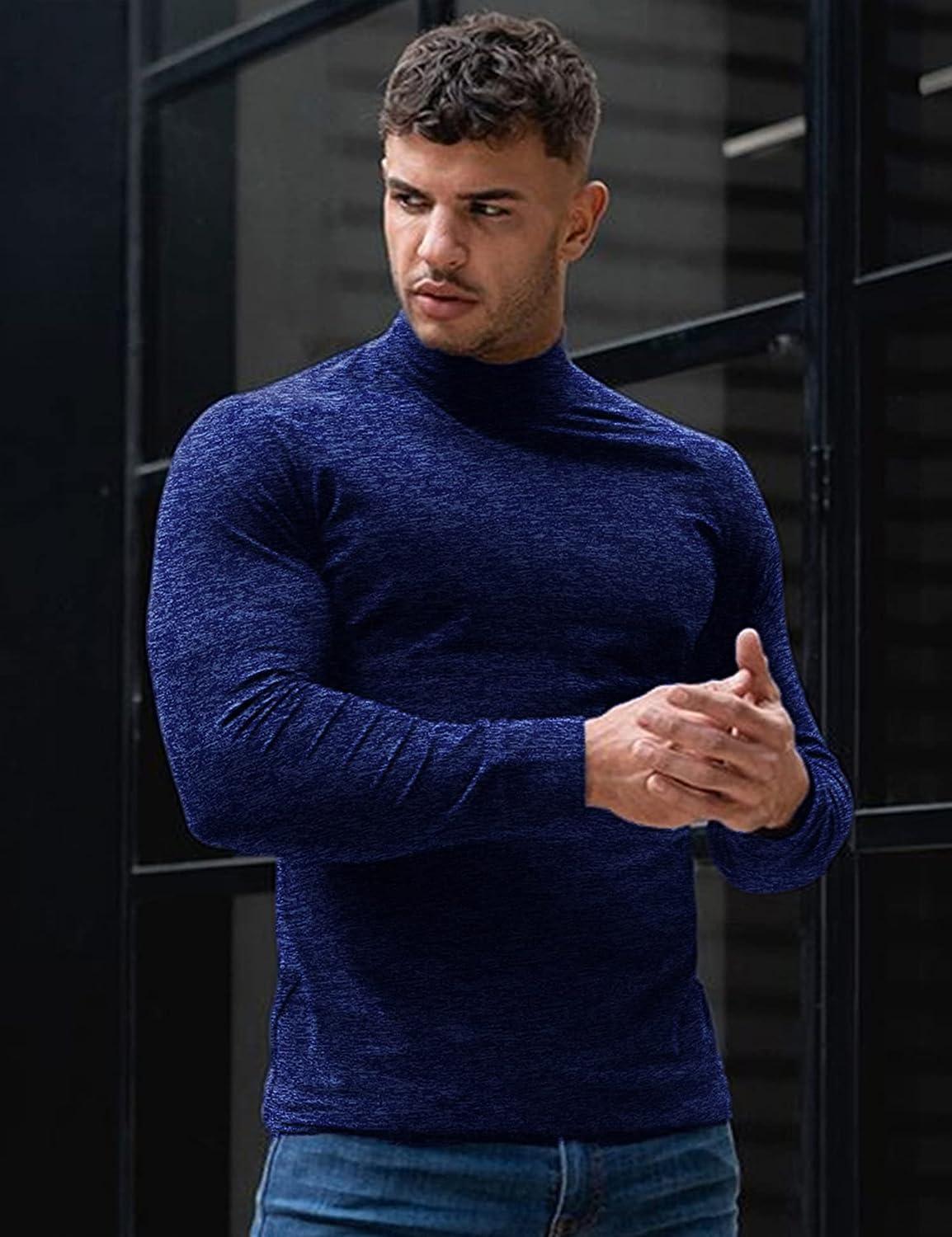 Babioboa Men's Slim Fit Turtleneck T Shirts Lightweight Thermal Pullover Top  Casual Long Sleeve Pullover Sweater Navy Blue-thermal Fleece Lining Large