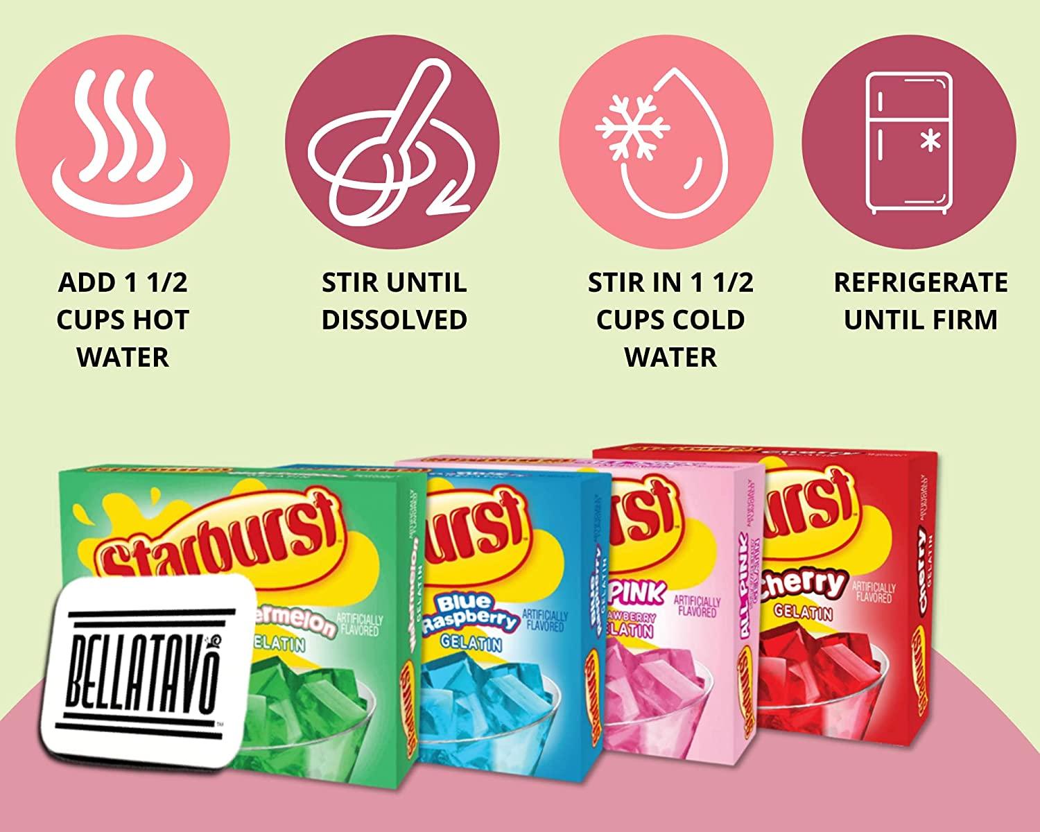 Jello Mix Variety Pack with Starburst Gelatin. Includes 4 Boxes of Starburst Jello Plus