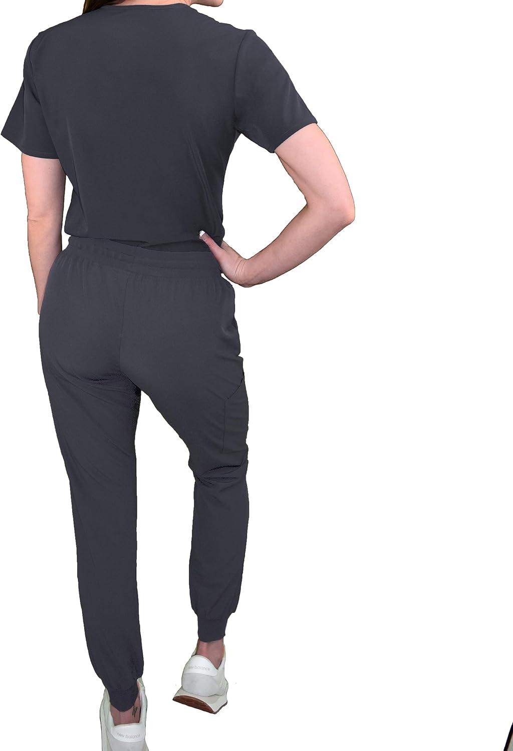 Green Town Women's V-Neck Tuck-In Top/Slim Fit Jogger Yoga Pant Scrub Set  Medical Nursing GT 4FLEX Top and Pant Medium Pewter