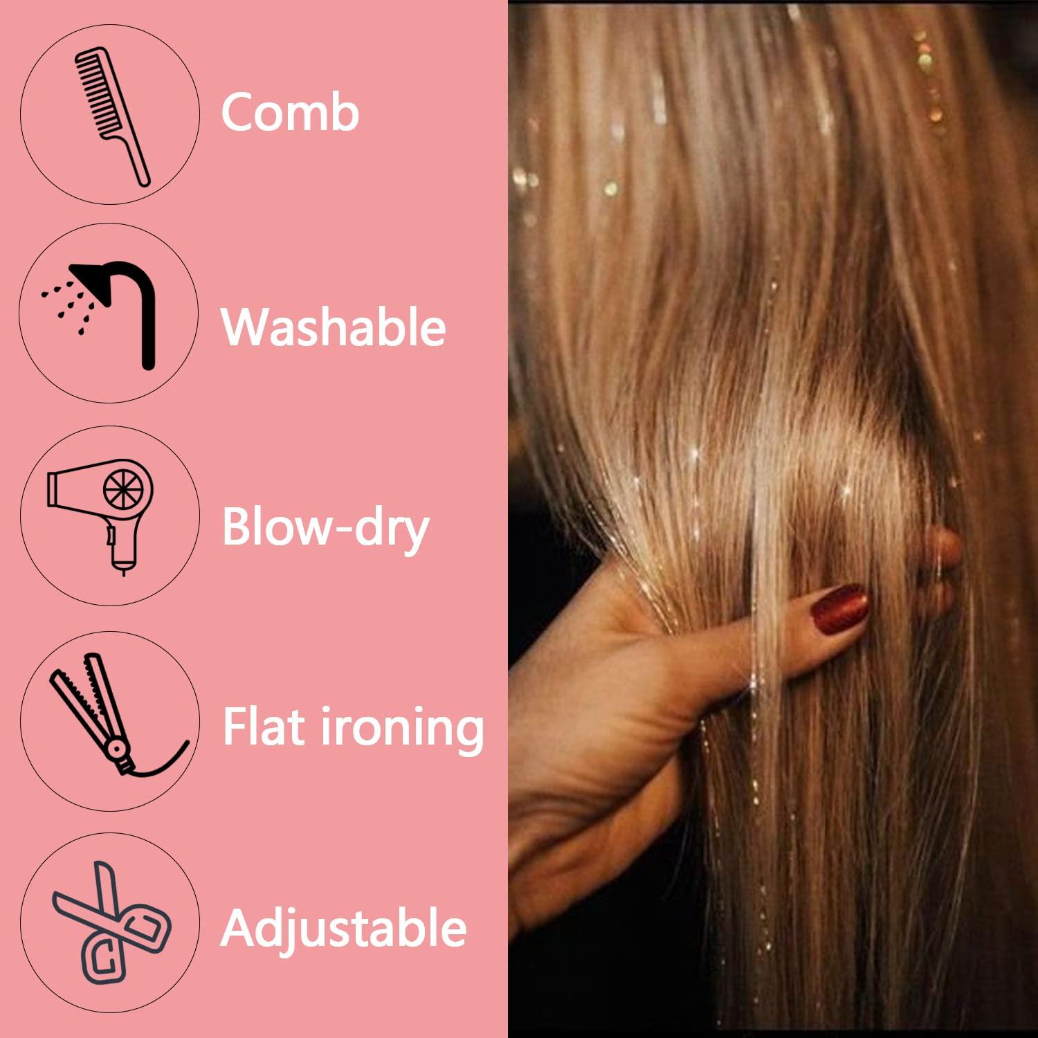 Glitter Tinsel Hair Extensions with Clips Hair Tinsel Kit Pack of 12 Pcs - Fairy Hair Tinsel Heat Resistant Accessories for Women Girls Kids