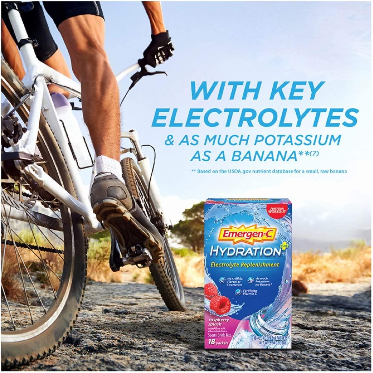 EmergenC Hydration Plus Electrolyte â€“ Raspberry Splash, 18 Packets