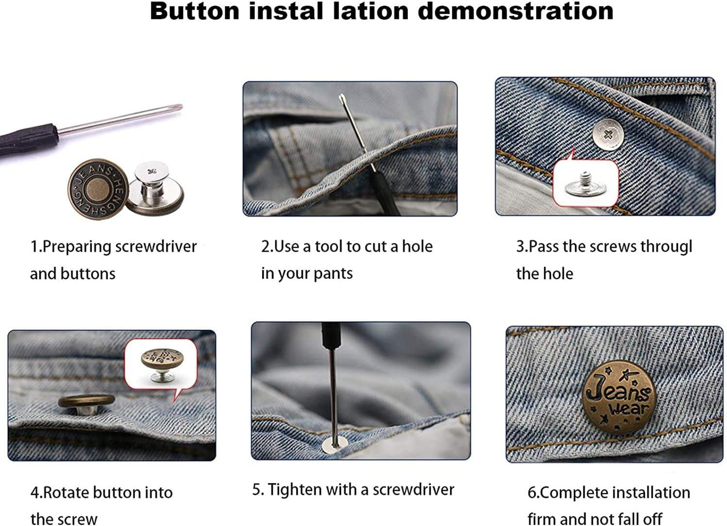 12 Sets 17mm Replacement Jean Buttons, No Sew Instant Button Detachable Pants  Button Pins, Removable Metal Button to Extend or Reduce Pants Waist Size,  Cowboy Clothing Jackets Bags Button 8*