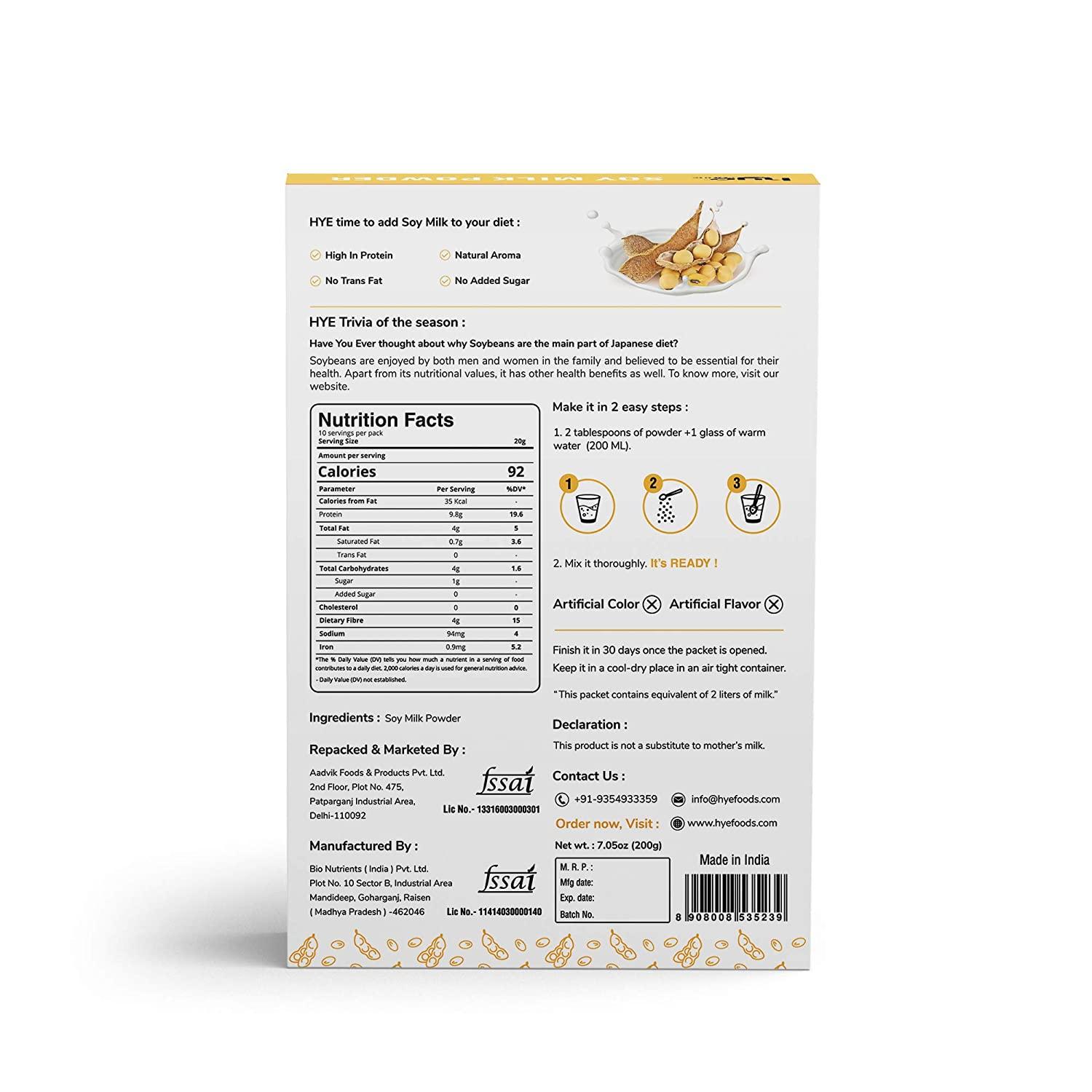 HYE FOODS Vegan Soy Milk Powder 49 Protein Unsweetened 7.05 Oz