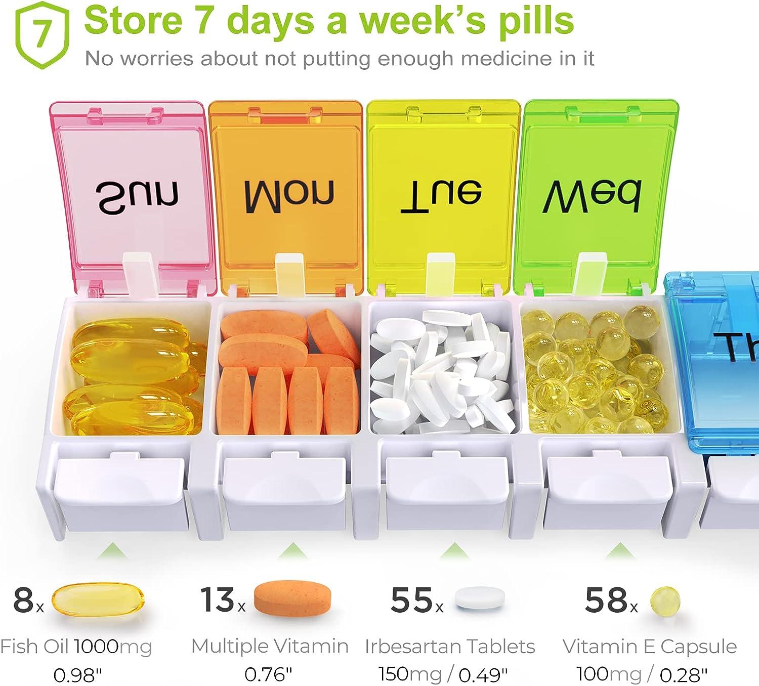 AUVON Weekly Pill Organizer Arthritis Friendly, BPA Free Travel 7 Day Pill  Box Case with Spring Open Design and Large Compartment to Hold Vitamins,  Cod Liver Oil, Supplements and Medication Cream White
