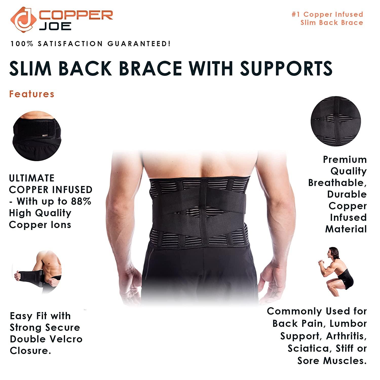 Copper Joe Ultimate Copper Infused Back Brace - Relief from Back Pain,  Herniated Disc, Sciatica, Scoliosis and more! Breathable Waist Lumbar Lower  Back Brace w Slim Design and Extra Support Bars. For