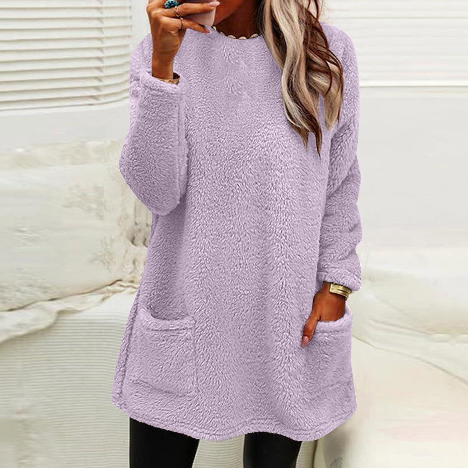 ZCVBOCZ Fuzzy Tops for Women Casual Solid Color Round Neck Long Sleeve  Blouse Thick Thermal Soft Sweatshirts with Pocket Large 01purple