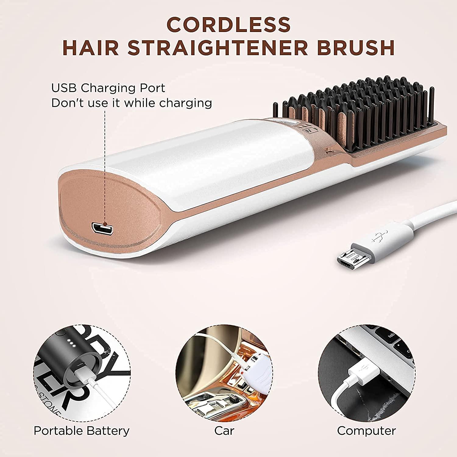 Hot Hair Straightener Brush,Portable Mini Hair Straightener USB Rechargeable  5200MAH,2 in 1 Hair Straightener Comb with Anti-Scald Feature for Women &  Men(White)