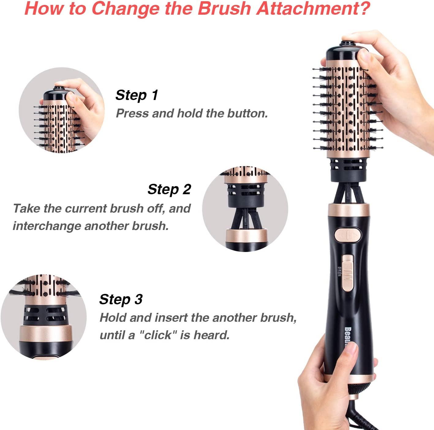 Beautimeter Hair Dryer Brush, 3-in-1 Round Hot Air Spin Brush Kit for  Styling and Frizz Control, Negative Ionic Blow Hair Dryer Brush Volumizer,  2 Detachable Auto-Rotating Curling Brush, Black & Gold