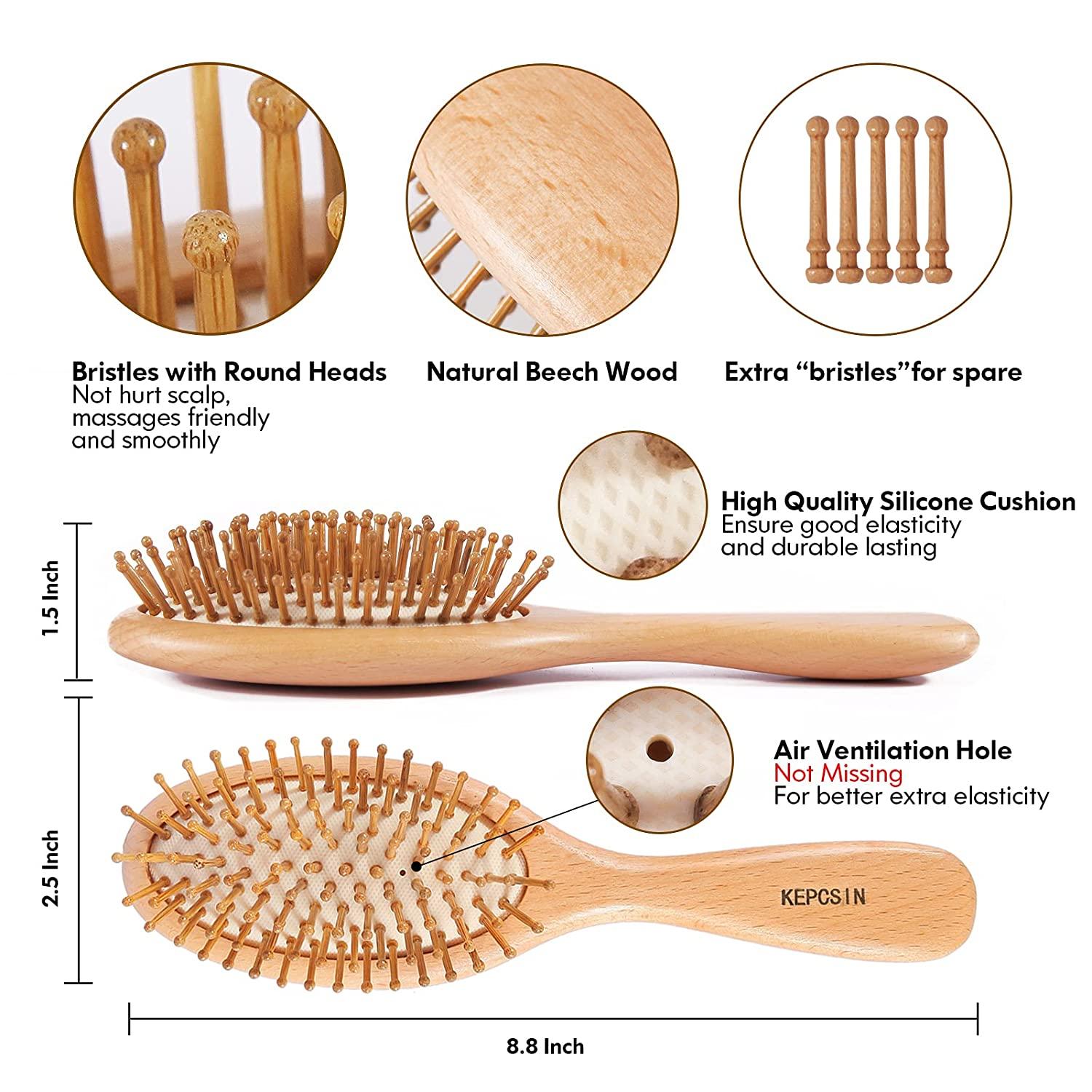 Wooden Hair Brush and Wooden Comb Set, Wooden Brush with Bamboo Bristles  Anti-Static Reduces Frizz and Knots, Massaging Scalp, Bamboo brush Paddle  Detangling Hairbrush for Women Thick Curly Dry Hair