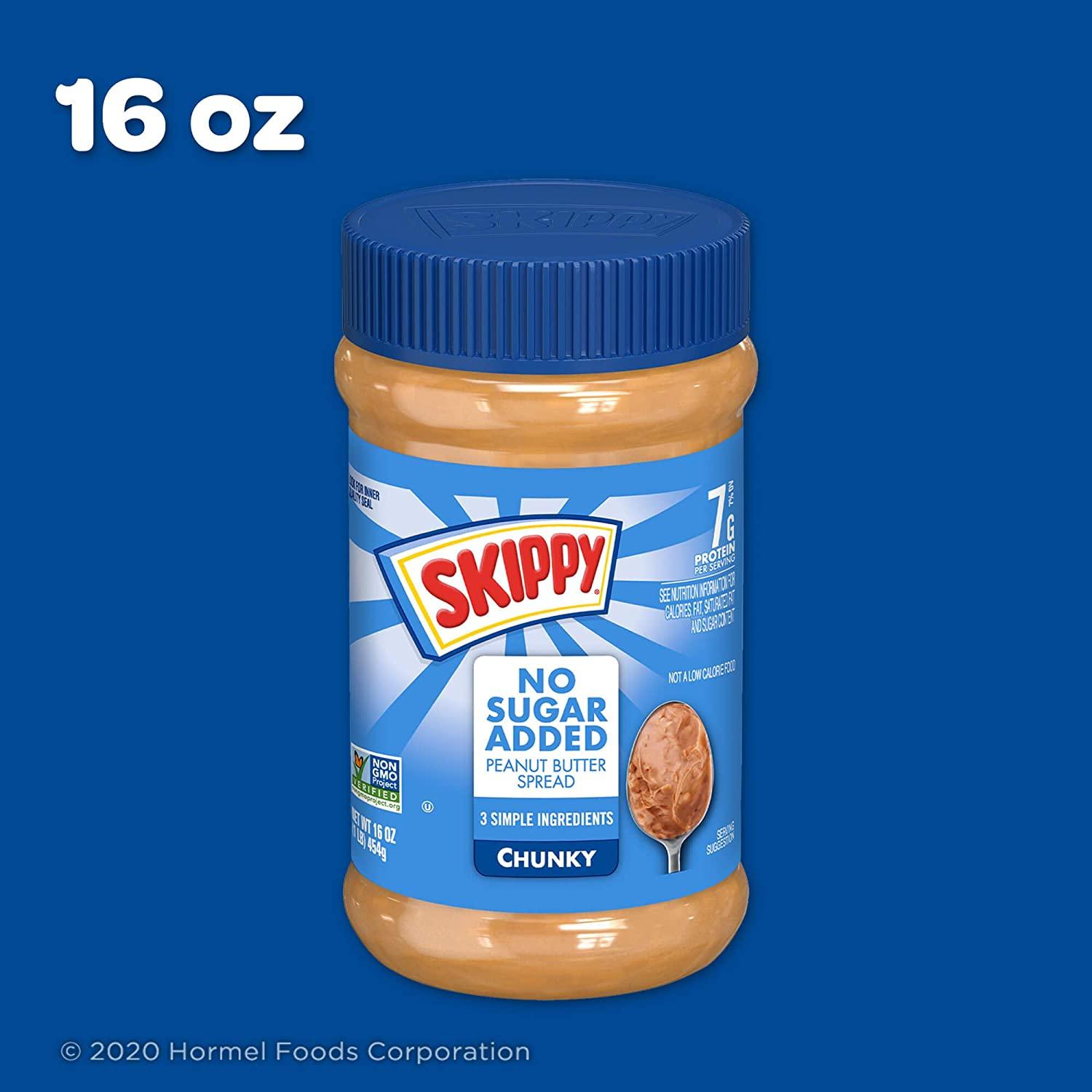 SKIPPY Peanut Butter Spread No Sugar Added, Chunky, 16 Ounce (Pack of 12)